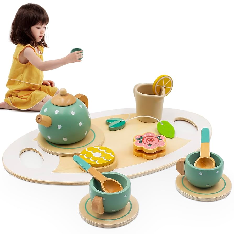 Wooden Tea Sets For Little Girls 1-3 Play Food Cake Toys Toddlers 3-5 Kitchen Accessories Pretend Play Princess Playset For 2 3 4 5 6 Year Old Girl Boy Party Birthday Gift