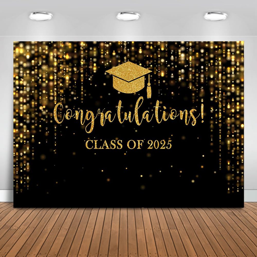 Mocsicka Class of 2025 Backdrop Black Gold Glitter Bokeh Graduation Party Background 2025 Congrats Grad Prom Party Cake Table Decoration Photo Booth Props (8x6ft)