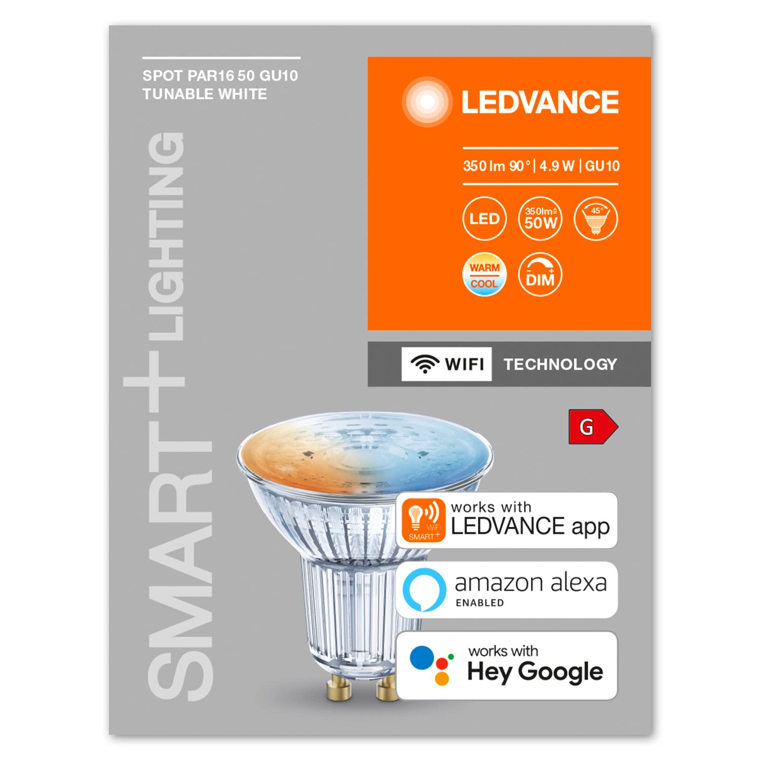 LEDVANCE Lampe à réflecteur LED intelligente avec technologie WiFi, base GU10, couleur de la lumière variable (2700-6500K), dimmable, remplacement 50W, SMART+ WiFi SPOT GU10 Tunable White, paquet de 4