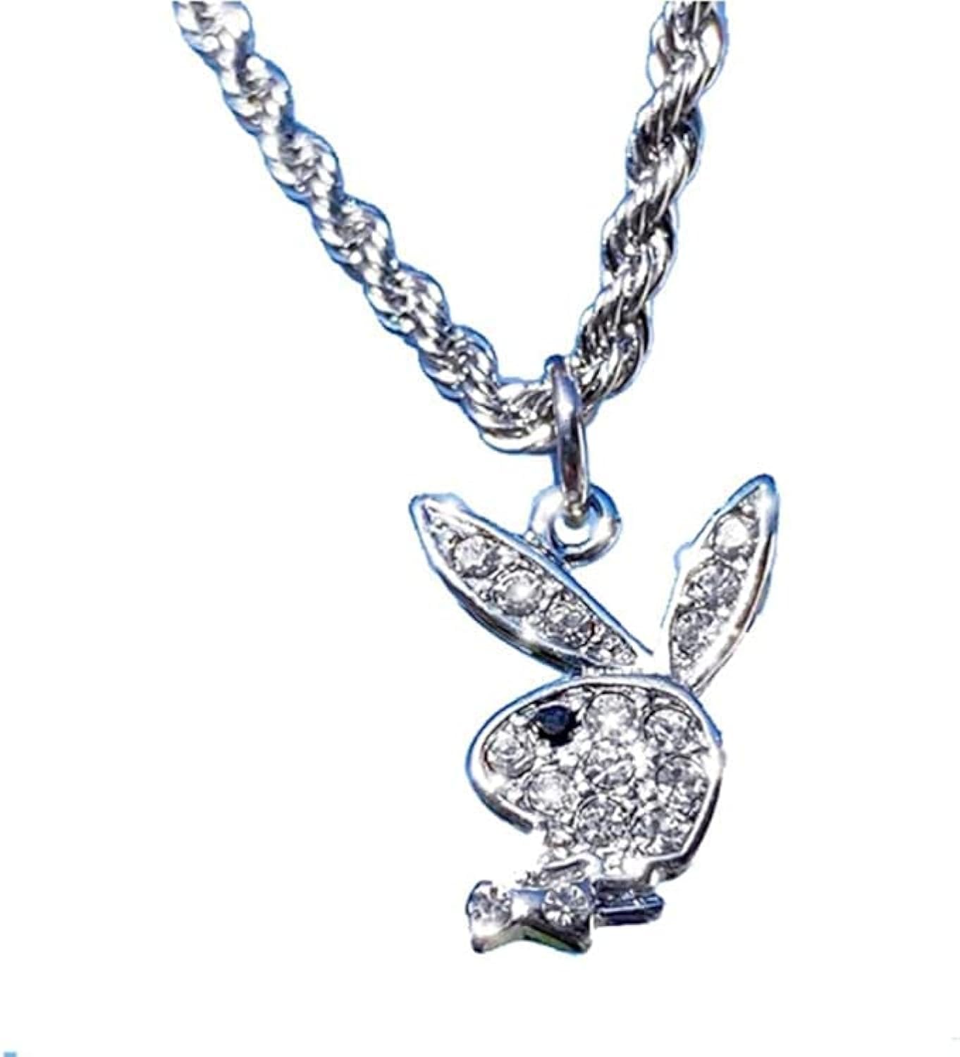 Street Unisex Hip Pop Rock Stainless Steel Twist Chain Full Drilled Rabbit Heads Playboy Rabbit Pendant Necklace Men Women White