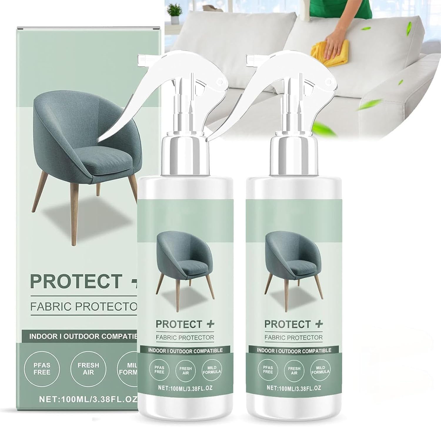 2 Pcs Multipurpose Protect+ Fabric Protector Spray, Home Essentials Fabric Water Shield & Guard, Upholstery & Sofa Protection, Quick-Drying, Long-Lasting, No Residue, 100ml