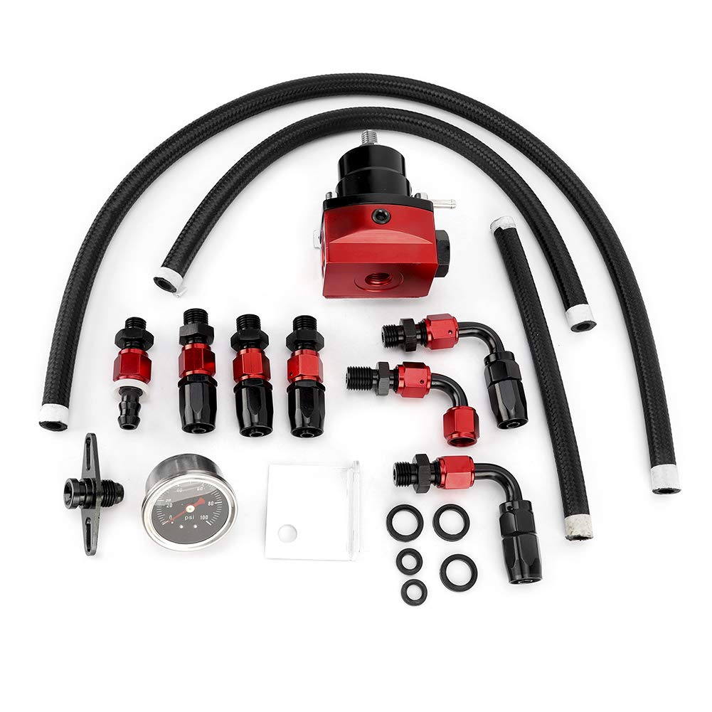 Kit de régulateur de pression de carburant de voiture réglable universel avec jauge, régulateur de pression de carburant haute performance, 3 ports 2 entrées 1 conception de (Noir Rouge)
