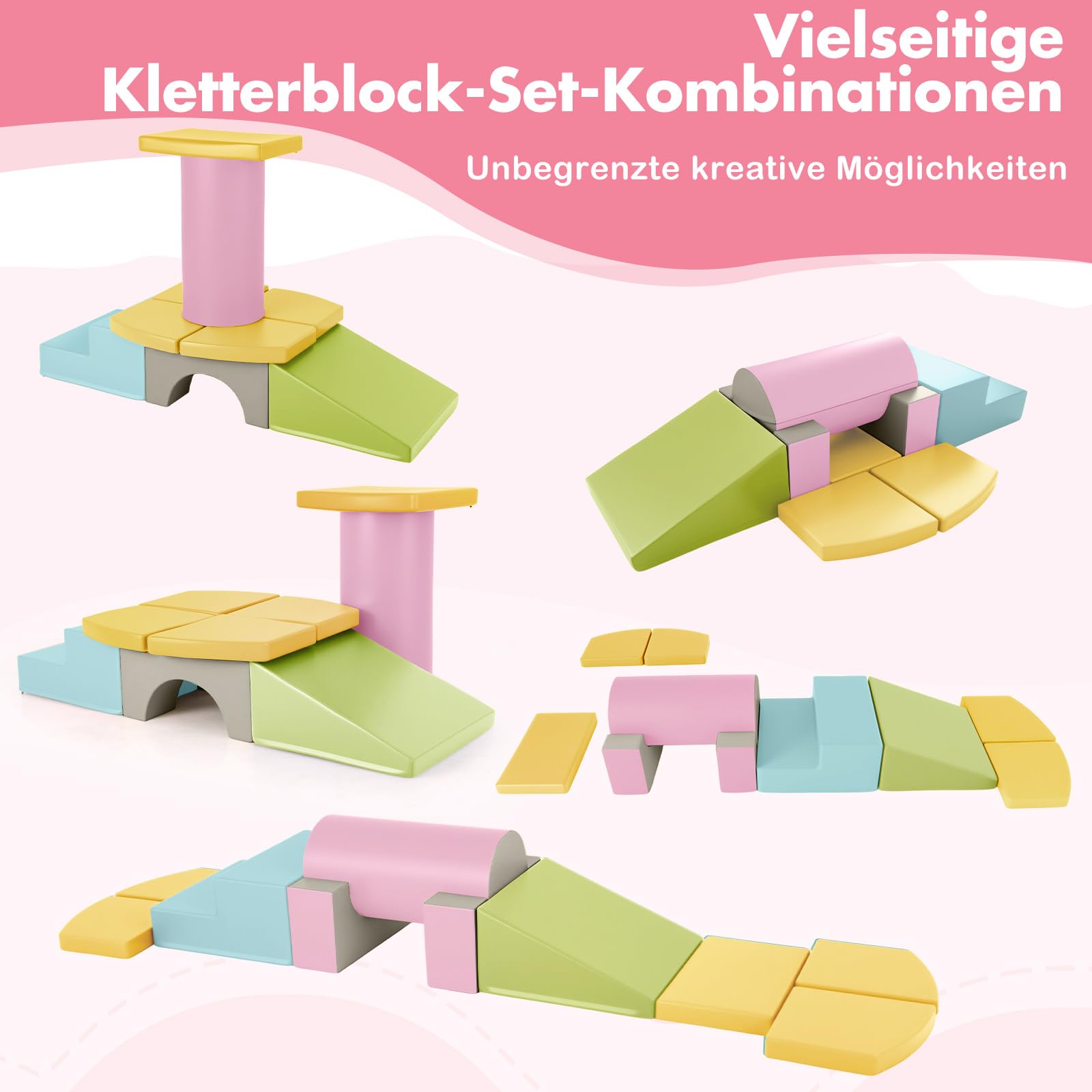 COSTWAY 10 TLG. Schaumstoff Bausteine, Softbausteine weich zum Klettern & Rutschen, Riesenbausteine aus PU, Großbausteine Kletterblöcke Indoor für Kinder ab 1 Jahr (Macaron)