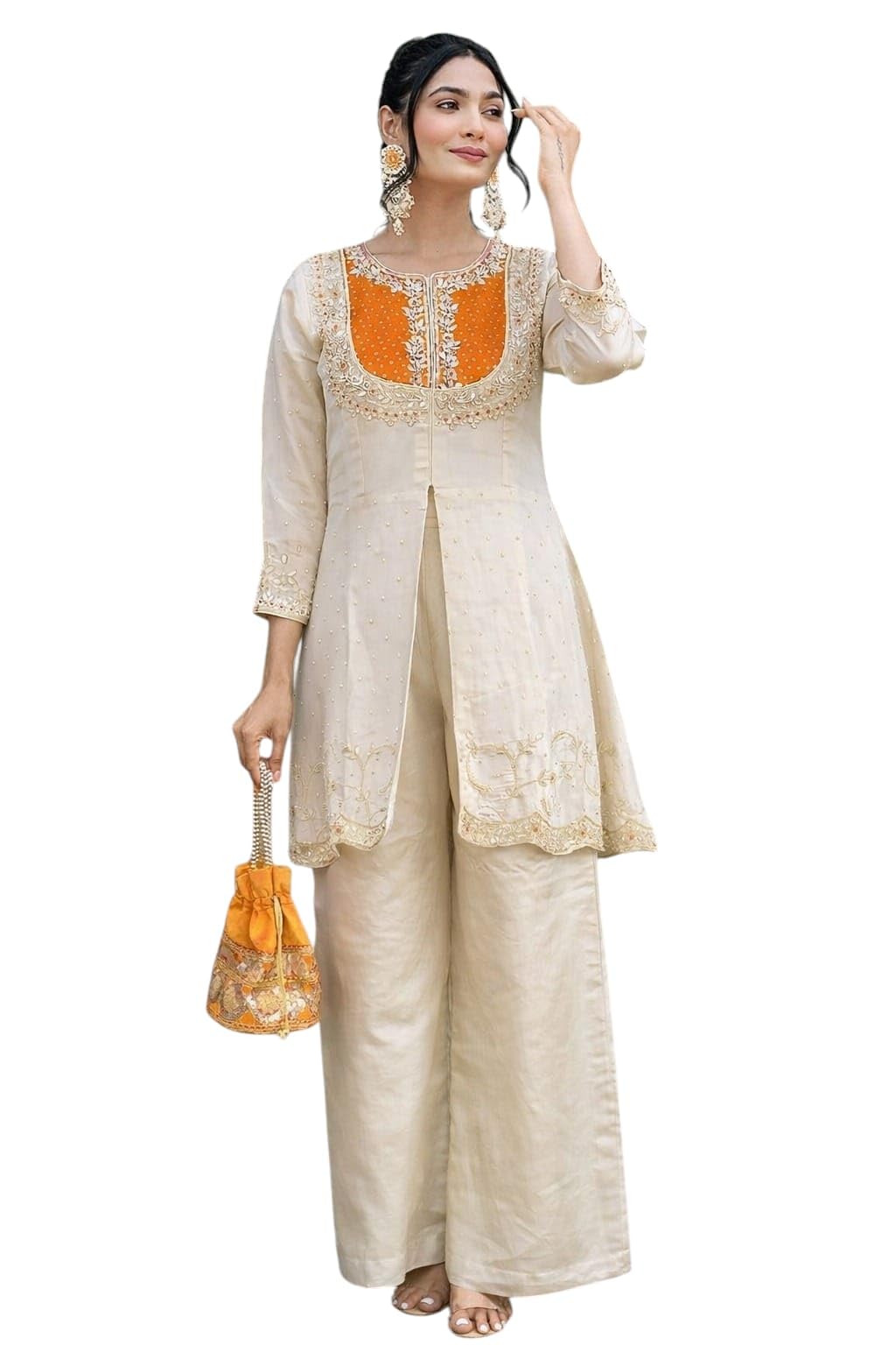 Women's Chanderi Silk Kurti Pant Set with Elegant Embroidery – Kurti with Comfortable Pants, Traditional Indian Outfit-Soft & Comfortable-picture-21