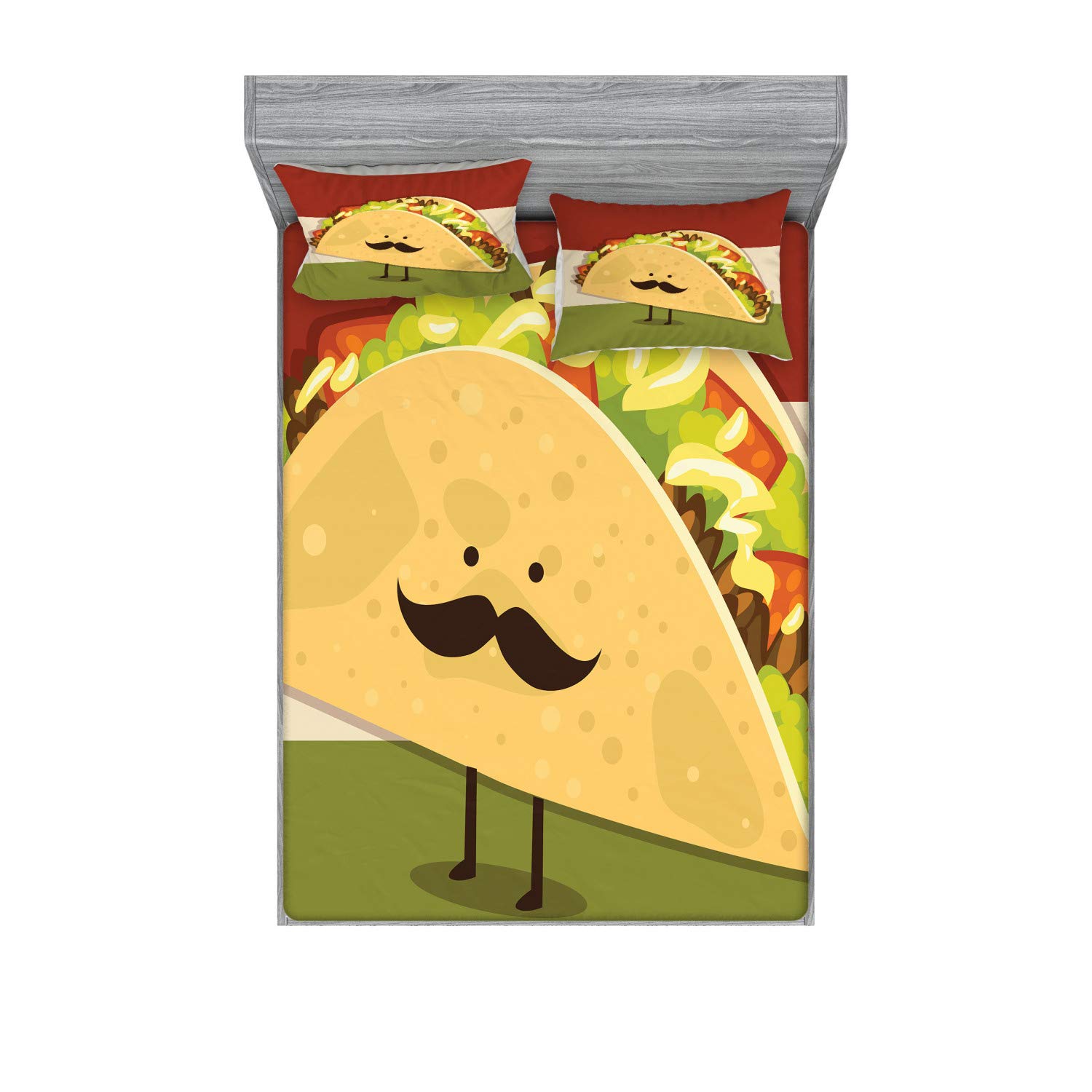 Ambesonne Food Fitted Sheet & Pillow Sham Set, Mexican Taco with Mustached Face Rolled with Veggies Humor Comic Childish Art, Decorative Printed 3 Piece Bedding Decor Set, King, Paprika Green