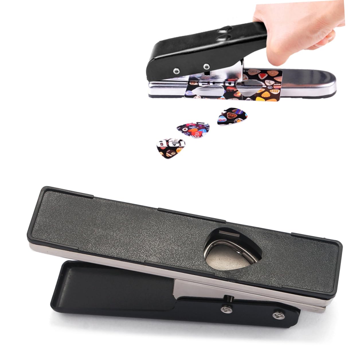 R26 Professioneller Gitarrenplektrum Stanzer für Zubehörteile | Alte Kreditkarten und Derlin, Schwarz, Metall Kunststoff Ausführung, mit Kunststoffboden