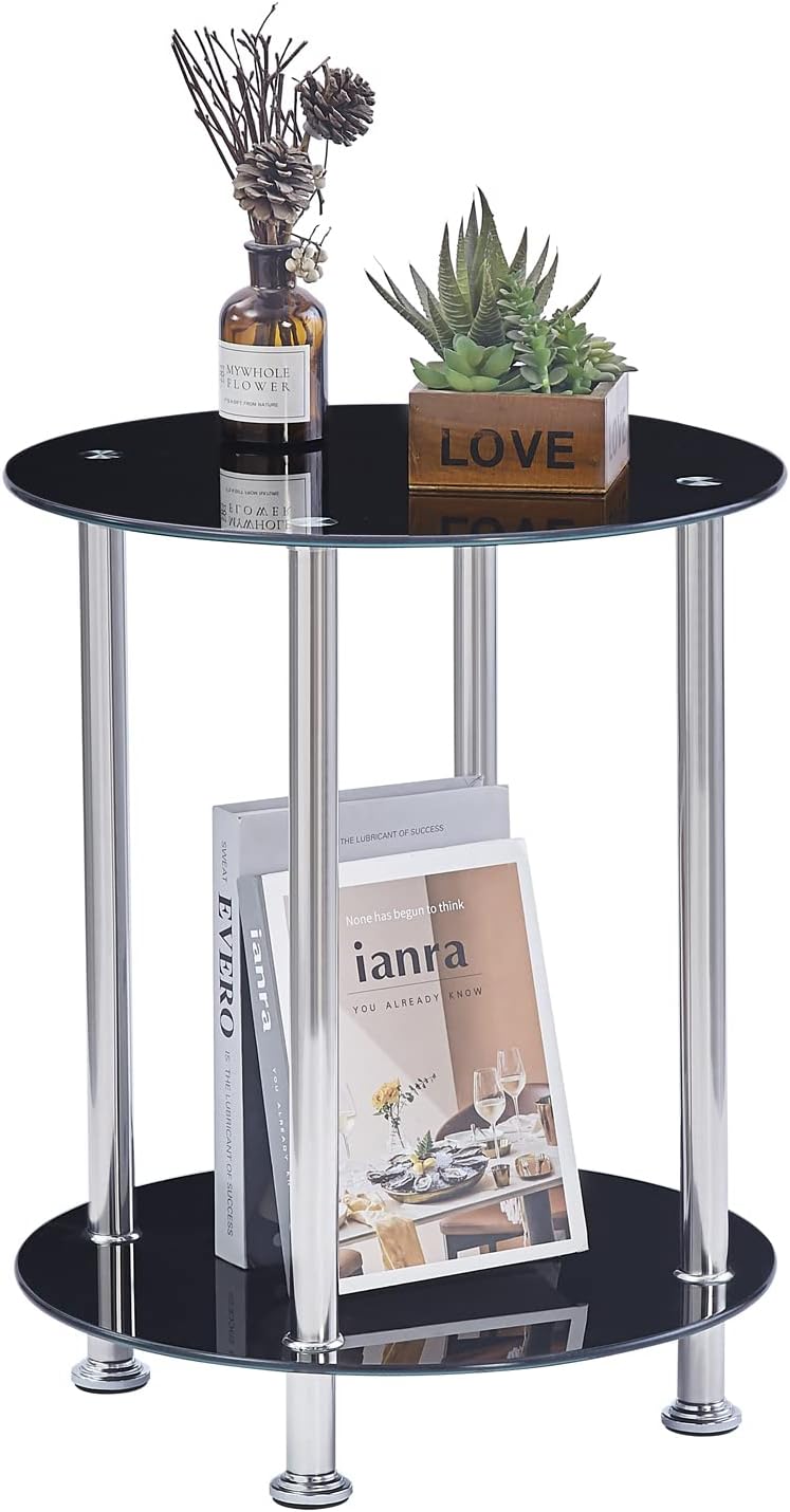 paonne 2-Tier Round Glass End Table for Living Room, Glass Sofa End ...