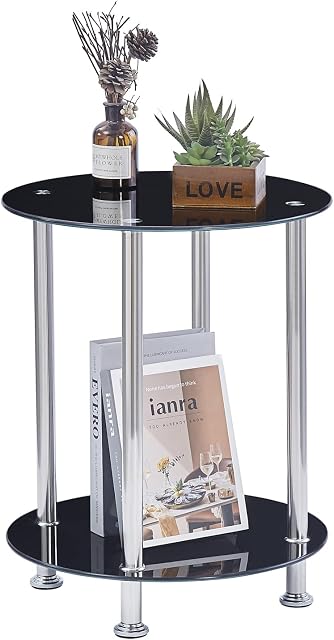 paonne 2-Tier Glass End Table Living Room Sofa Side Table Glass Small Accent Living Room Side Coffee Table Black Round Glass Bedside Table with Polished Chrome Legs