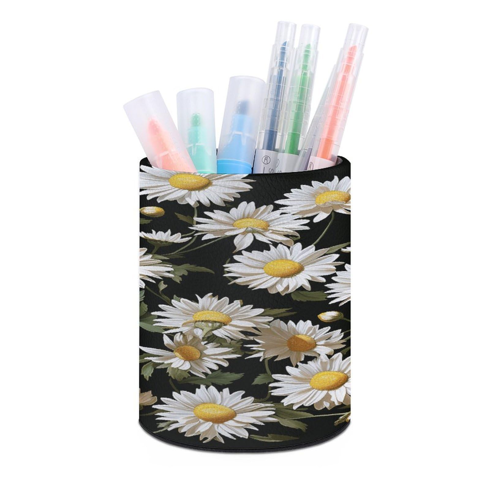 VstaDank Daisy Pen Holder PU Leather Pencil Cup Minimalist Desk Pencil Holder Round Make Up Brush Organizers For Office Dorm Room&Vanity Desk Accessories