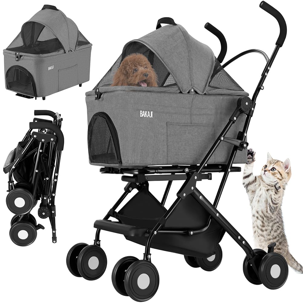 BAKAJI 2 in 1 Pet Stroller, Maximum Load 40 kg, Foldable and Space-Saving, Removable Capsule, Dog and Cat Pram with Removable Transport and Storage Basket (Grey)