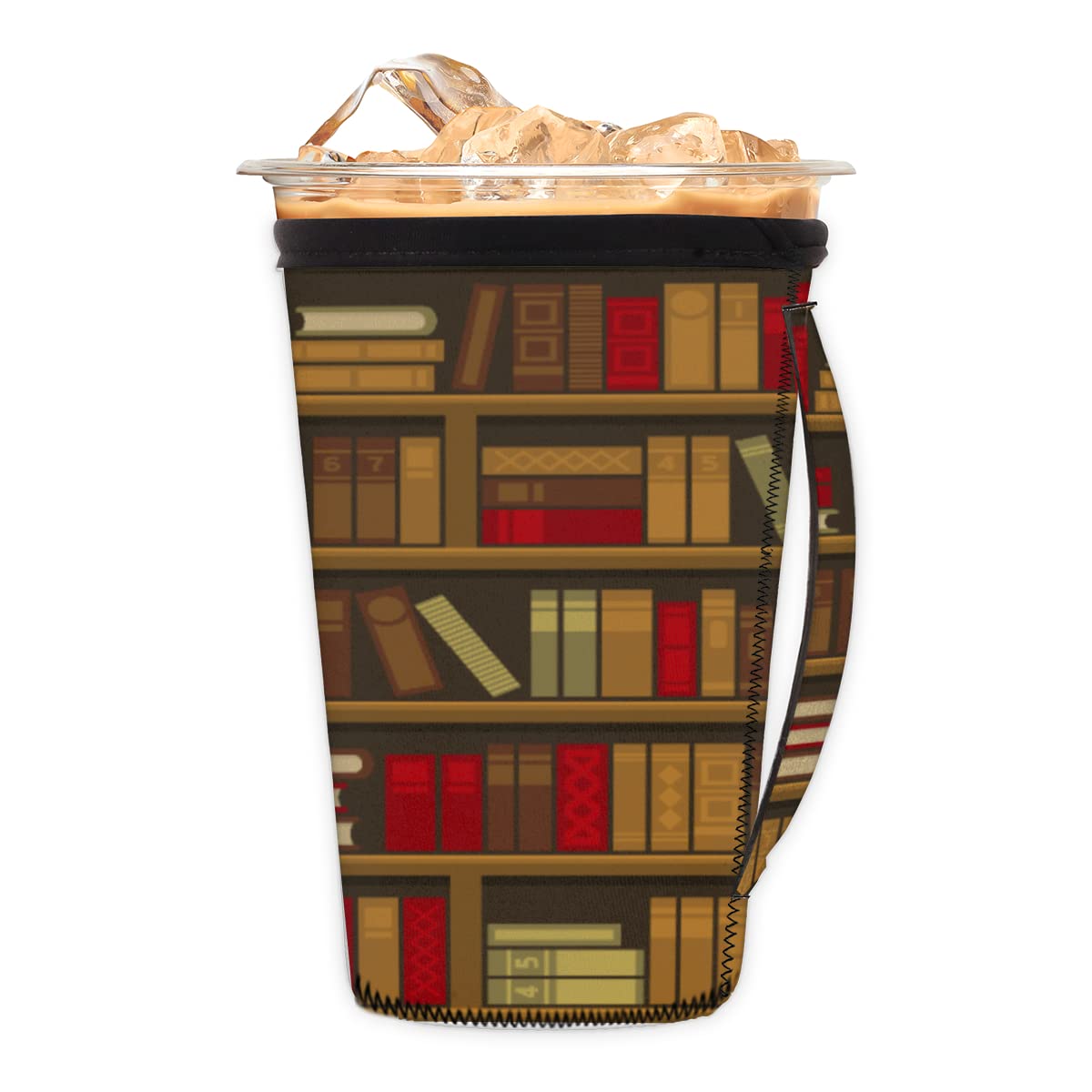 Bookshelf Pattern Iced Coffee Cup Sleeve for Cold Beverages Book Neoprene Cup Sleeve with Handle Coffee Tea Cups Insulated Sleeves (24 oz)