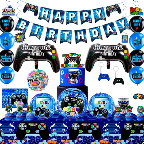 Juego de Videojuegos Suministros para Fiestas,213 Pcs Artículos de Fiesta de Videojuegos Incluye Servilletas Manteles Globos Pancartas Pegatinas etc Vajilla de Fiesta de Videojuegos(Azul)