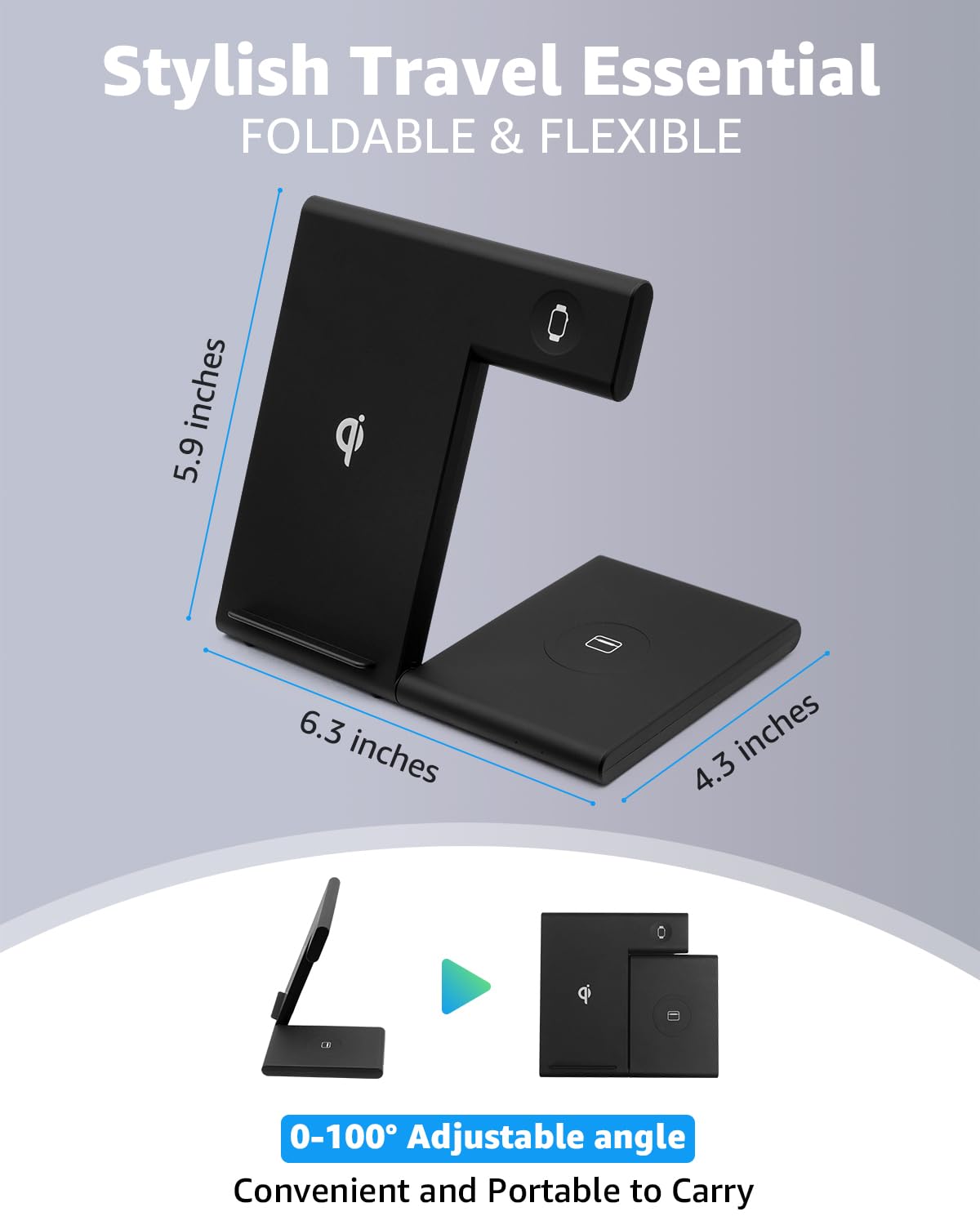 Stazione di ricarica wireless pieghevole 3 in 1 per dispositivi Apple, supporto caricabatterie wireless veloce da 15 W per iPhone 17/16/15/14/13 /Plus/Pro/Pro Max/12/11, Apple Watch 10/9/8/7/Ultra2