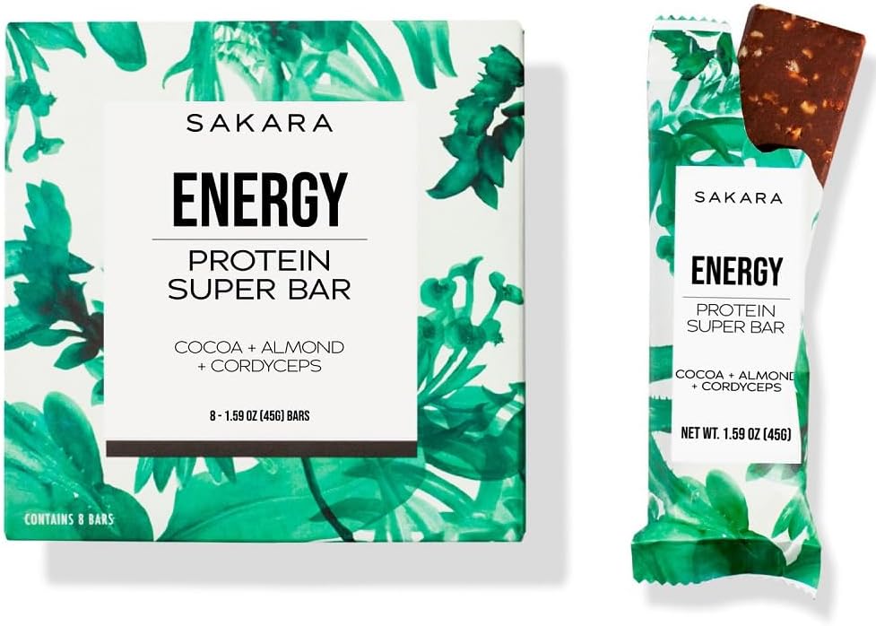 Sakara Energy Protein Super Bar - Almond & Chocolate Protein Bars, Clean Protein Bars, 12g Plant Based Protein, Pre Post Workout Energy Bar