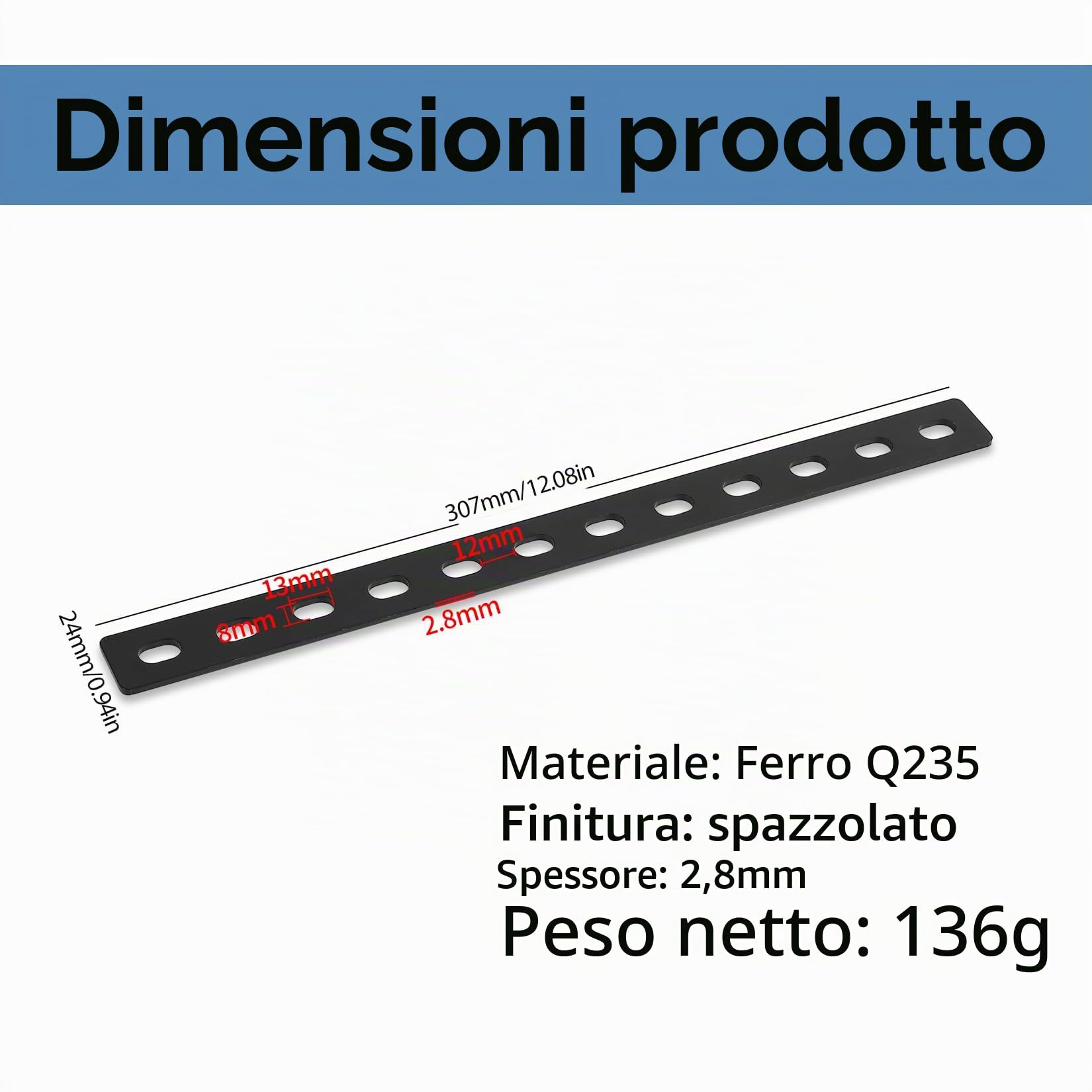 6 Pz Piastra di Giunzione Piana, Staffe Piatte Lamiera Forata, Staffe Piastra di Fissaggio, Staffe Perforate Connettore, Lastrina di Giunzione Piatta con 12 Foro per Legno (307x24mm)