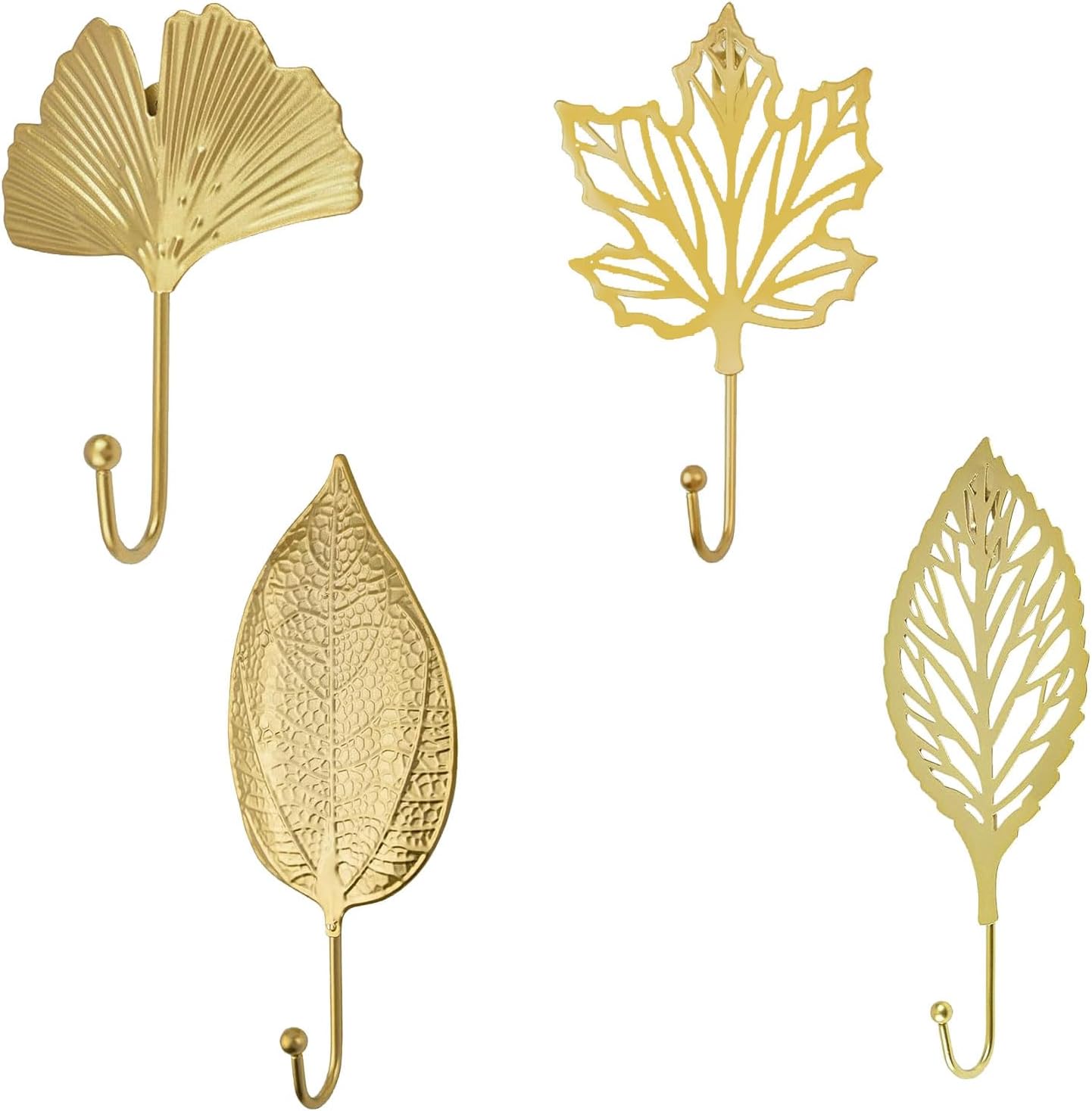 MOROBOR Decorative Iron Hooks, 4-Piece Ginkgo Maple Leaf Shape Gold Wall Mounted Key Holder and Hanger for Towel, Coat, Photo, Bag, Umbrella