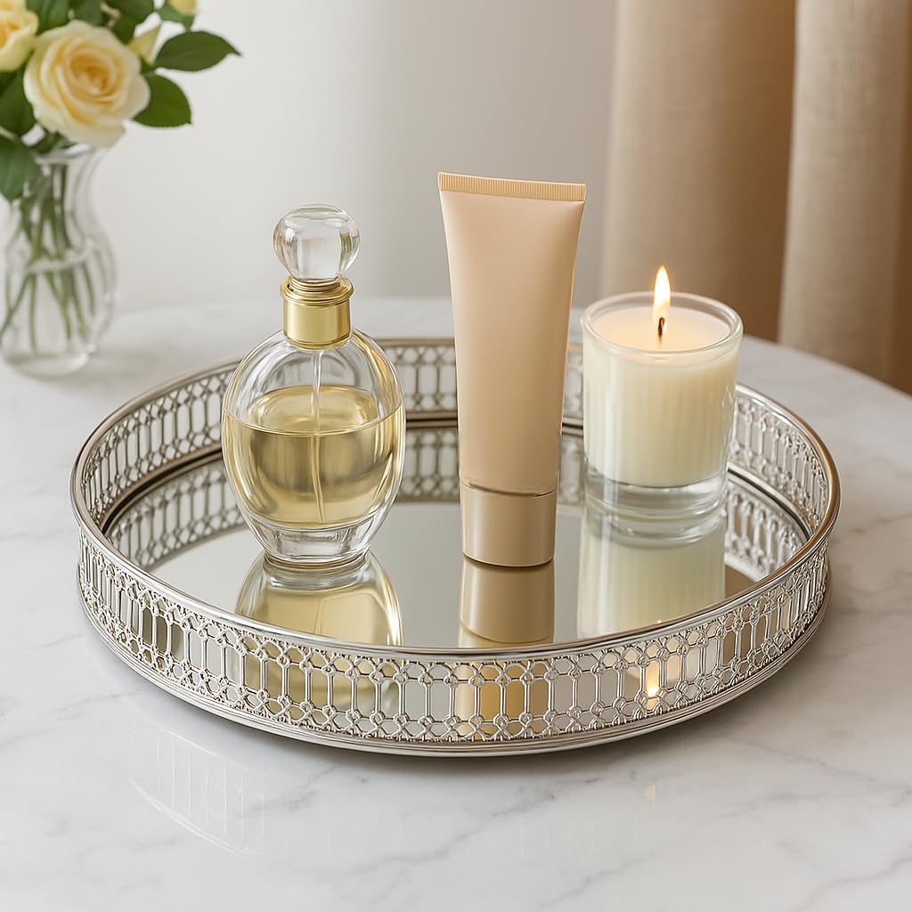 MAISON DE BUCKS Crystal Mirror Vanity Tray - 9.8" Round Silver Decorative Tray for Dresser, Bathroom, Kitchen (Silver)