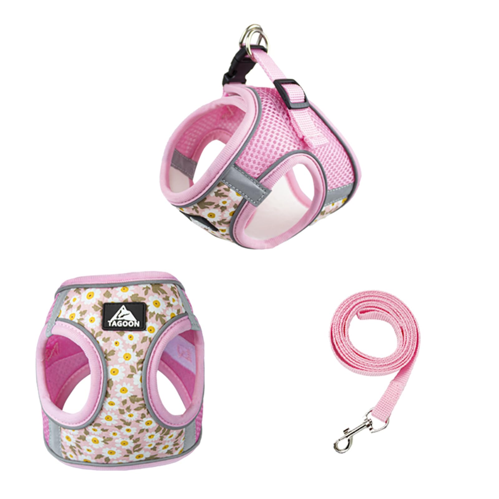 Small Dog Harness Leash Set,Daisy Floral Pattern Pet Harness Vest,Dog Breathable Mesh Adjustable D-Ring Reflective Walking Harness for Cat Puppy Small Medium Dog_L(Pink)