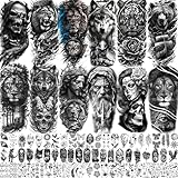 75 Sheets Zeus God Lion Temporary Tattoos For Men Adults Forearm, Halloween Half Arm Sleeve Tattoo For Women Jesus Christ Skull Bear Warrior Faith, Realistic Fake Tattoo Stickers Wolf Tiger Chicano