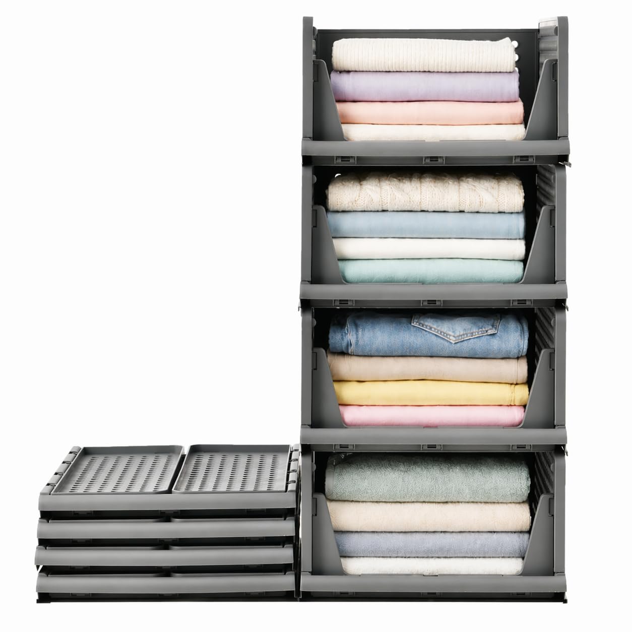 RMAN® Cassetti per Armadio Interno 4 set Organizer Armadio Plastic Contenitori per Armadio Salvaspazio per T-shirt, Biancheria Intima, Pantaloni, Calze, Grigio(40 x 30 x 68 cm)