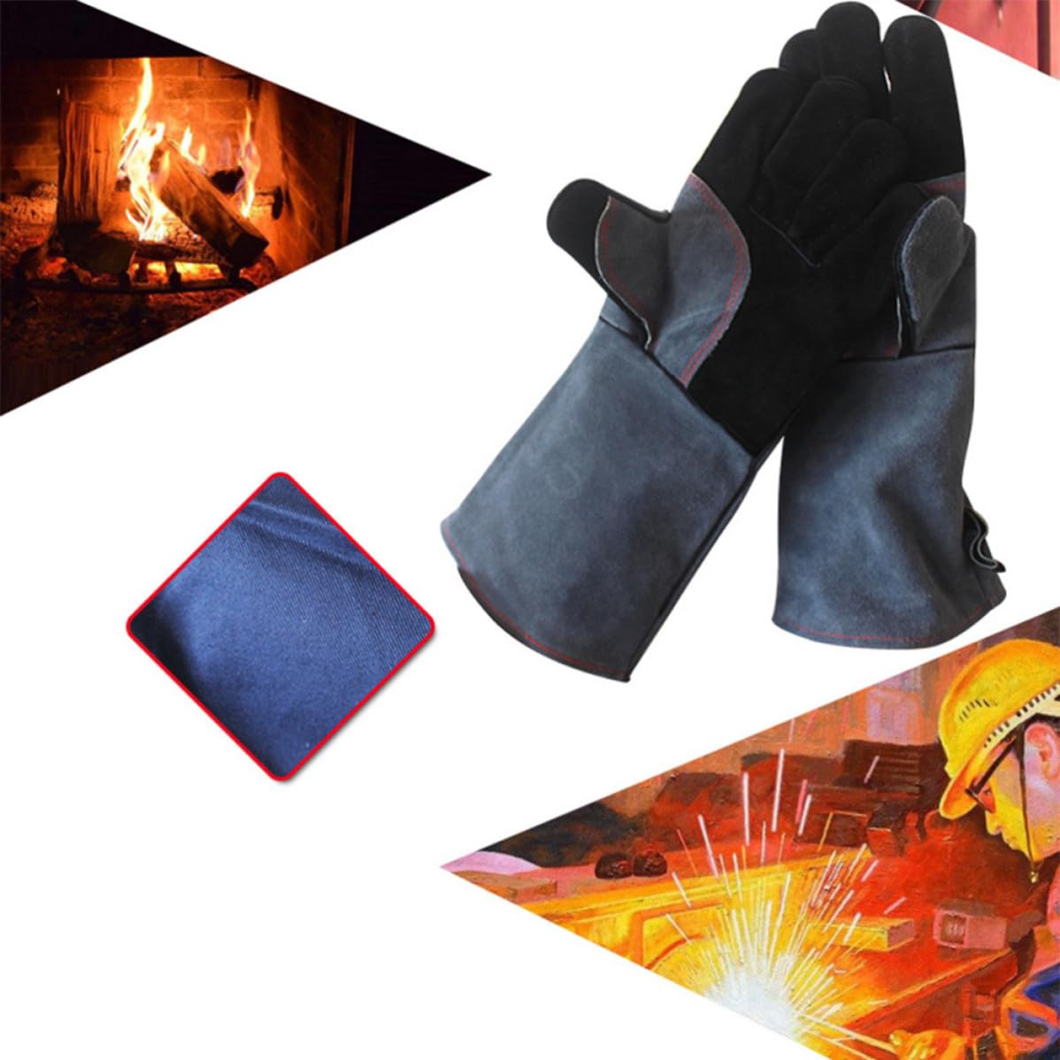 BESPORTBLE 3 Pezzi Guanti Resistenti al Calore in Pelle Bovina per Barbecue | Confezione a Paio, Lunga Protezione al Polso, Isolati e Antiscivolo, per Cottura e Griglia