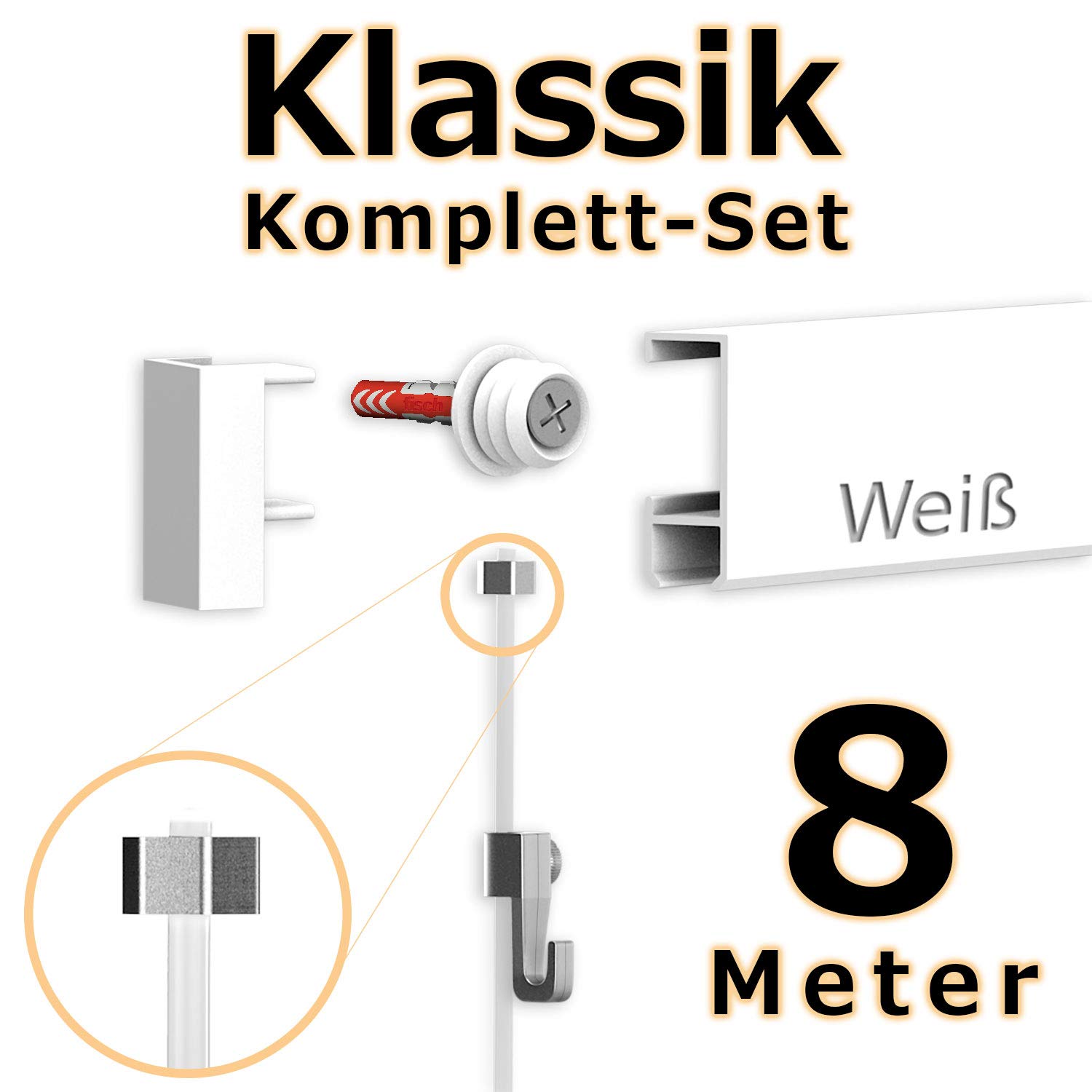 hang-it 8 Meter Bilderschienen Galerieschienen - Komplett Set in weiß