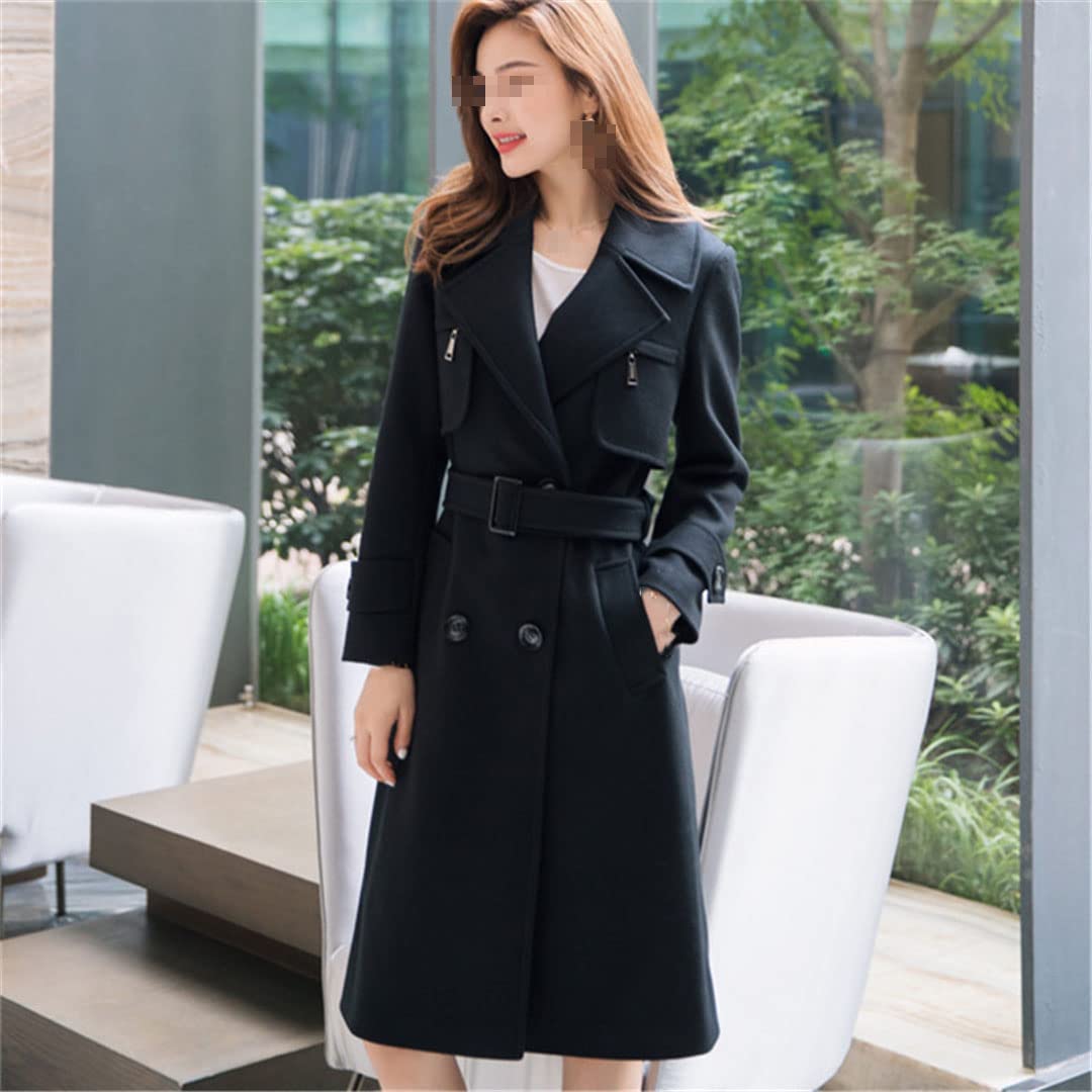 Alloaone Chaqueta de lana con cinturón de solapa para mujer, abrigo de lana de manga larga gruesa de doble botonadura, Negro, M