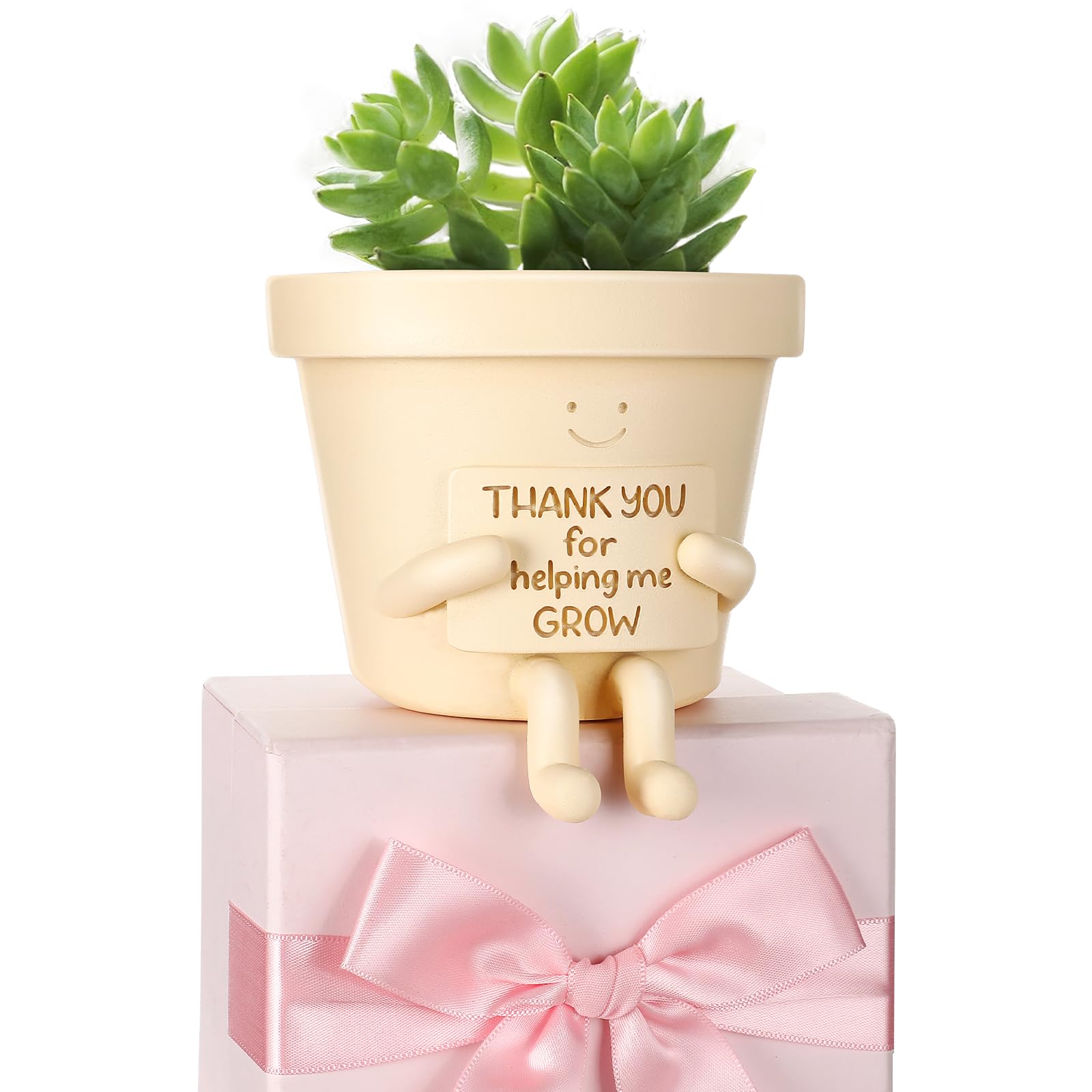 Briwooody Maceta sentada con texto en inglés "Thank You for Help me", macetas divertidas de 3.9 pulgadas con drenaje, bonita maceta para interiores y exteriores, decoración del hogar, regalo divertido