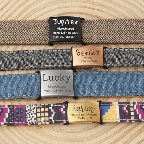 Anavia Slide On Silent Pet ID Tags, S/M/L/XL Personalized Stainless Steel Cat Dog Tag with Elastic Fabric Band, Engraved Nameplate Quiet Chew-Proof Pet Collar Tag (Black, Large)