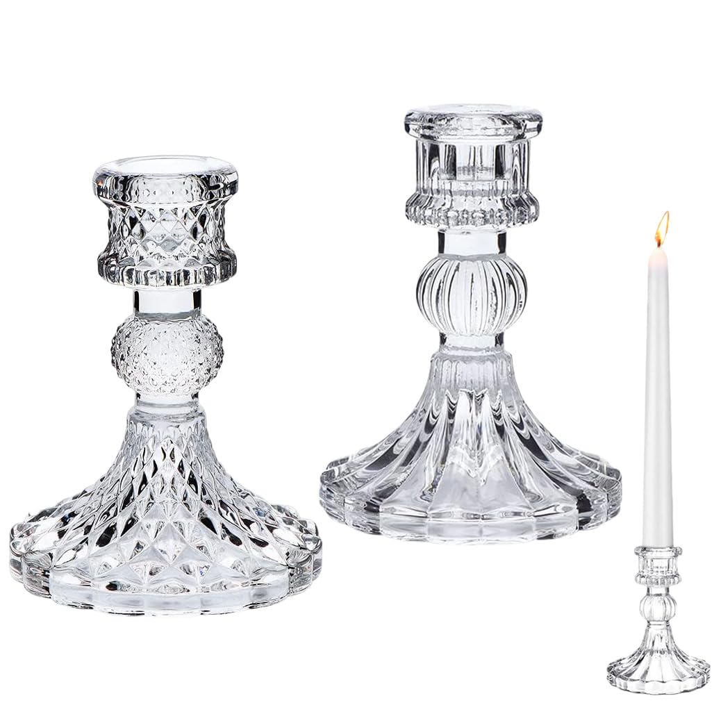 Goodern Clear Glass Candlestick Holders,2 Pcs Set Include Taper Stripe Candle Stand,Candle Stick Container Candelabra for Christmas Decorations Table Centerpieces Festival, Wedding Dinner Party-Clear