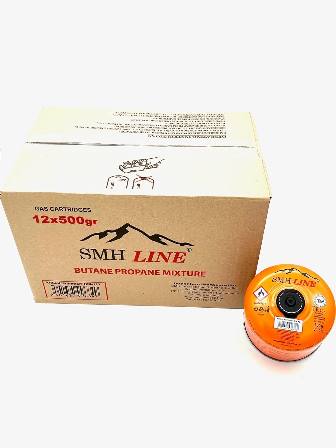 SMH LINE® 8 cartuchos de rosca butano de 500 g, rosca universal, 7/16, cartucho de válvula EN 417, válvula de rosca, quemador de propano mixto, hornillo de gas, calentador de gas, quemador de
