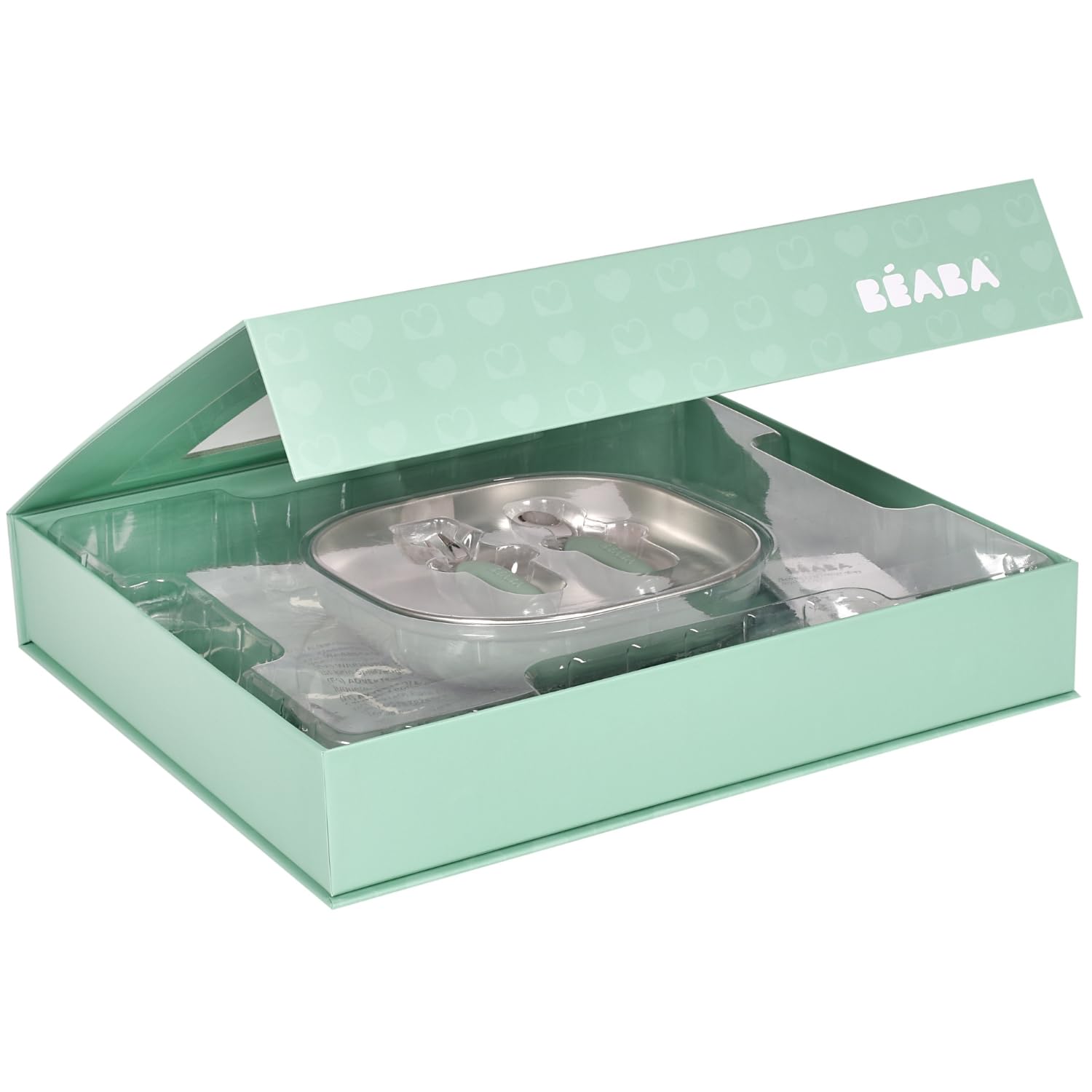 BÉABA, Set de Comida Bebé – Regalo de Nacimiento Completo desde 4 Meses – Plato Inox Microondas, Cubiertos Ergonómicos, Babero con Mangas, Caja Recuerdo – Materiales Saludables/Duraderos, Verde Salvia