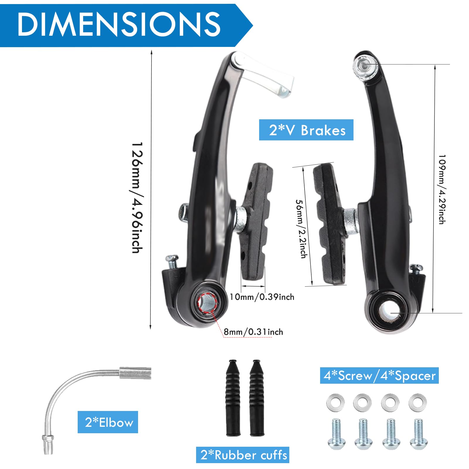 2 Paia Freni V-Brake per Bici, Set Completo Anteriore e Posteriore, Braccio Lungo 110mm, Pastiglie 56mm, Alluminio, Compatibile MTB, BMX, City Bike