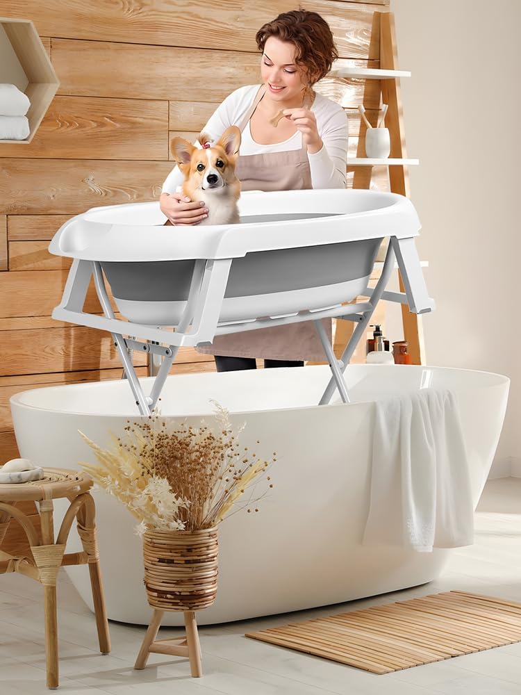 2 in 1 Haustier Badewanne mit Gestell, Zusammenklappbare Babybadewanne für Hunde und Katzen bis 28kg, Tragbare Hundebadewanne mit Ablaufschlauch und Stauraum, Haustier Waschstation Grau