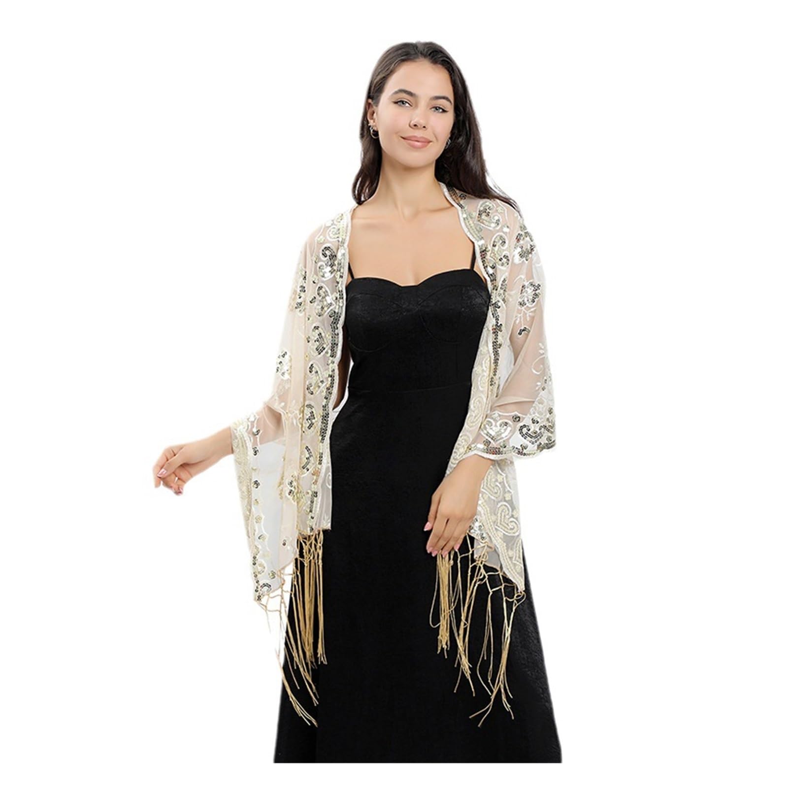 Chal De Noche Chales de lentejuelas con bordados florales for mujer, vestidos de noche, chal for novia, dama de honor, capas de boda, bufanda de hombro(Black Gold)