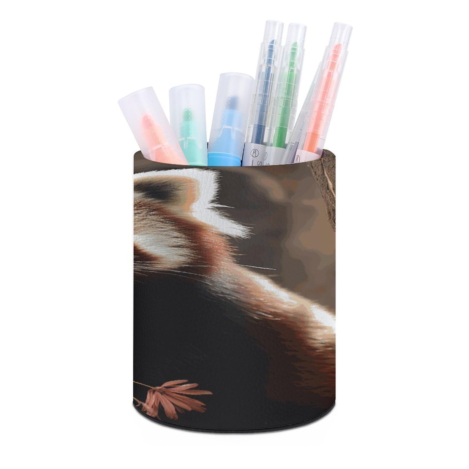 LDGSUPH Red Pandas Round Pen Holder Leather Pen Cup Pencil Cup Pen Organizer Pencil Holder for Desk Organizer Pencil Organizers Makeup Brush Holders for Home Office Gift