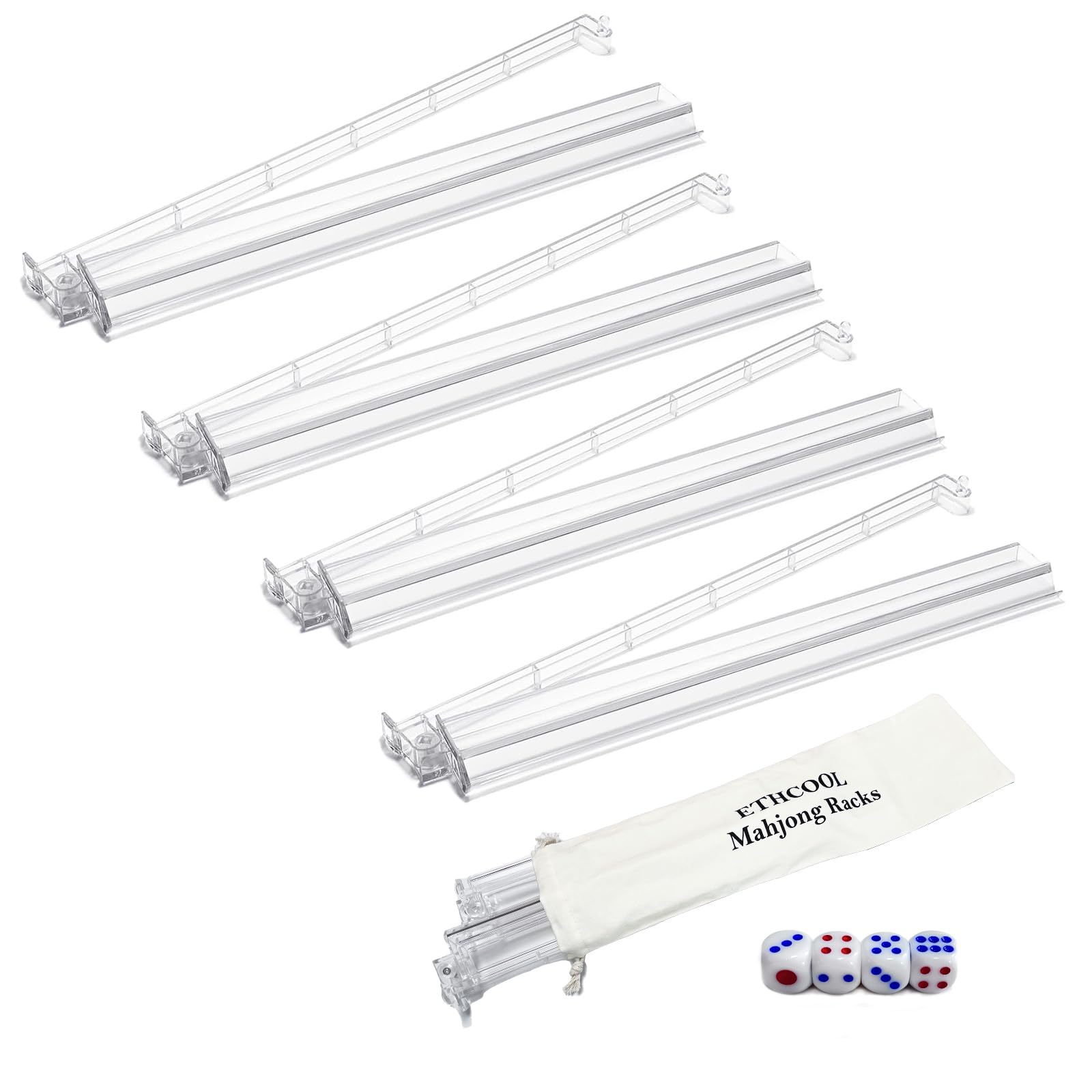 4 PCS Mahjong Racks with Pushers, Portable Acrylic American Majiang Tile Racks, American Mahjong All-in-One Tile Rack & Pusher Accessories Set with 1 Storage Bag 4 Dices(Transparent)