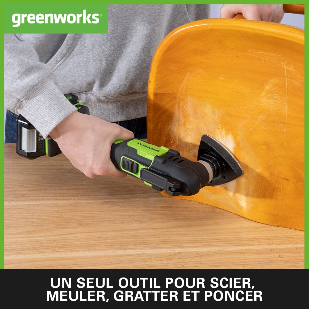 Greenworks Outil multifonction 24V G24MT (Li-Ion 24V 18000 oscillations par minute, arc d'oscillation 3°, vitesse variable, changement de lame sans outil, lampe LED, sans batterie ni chargeur)