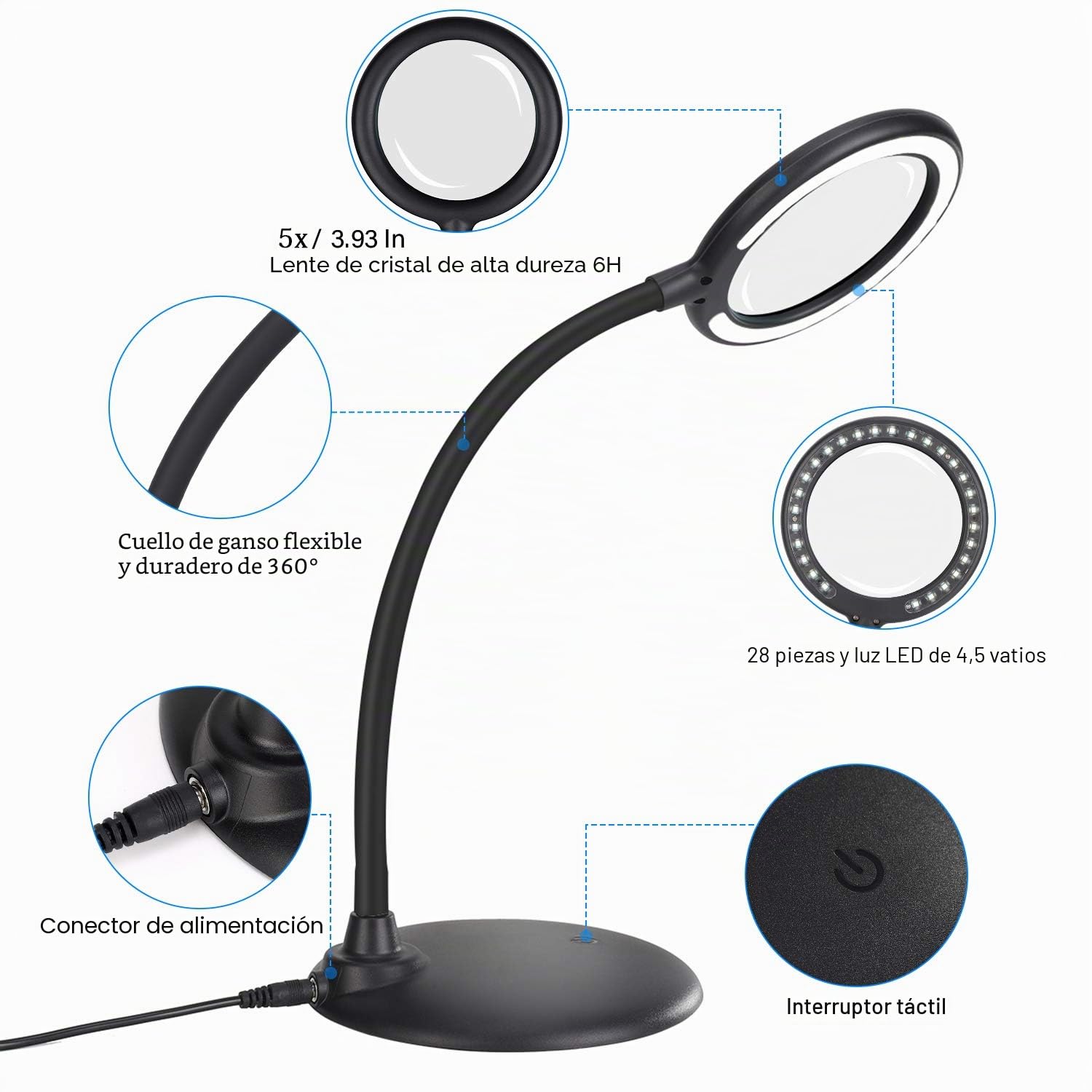 Lámpara de escritorio recargable de 5 aumentos, lupa regulable con luz y soporte, lupa táctil regulable con 28 luces led para trabajar, leer, practicar aficiones, costura, manualidades, negro