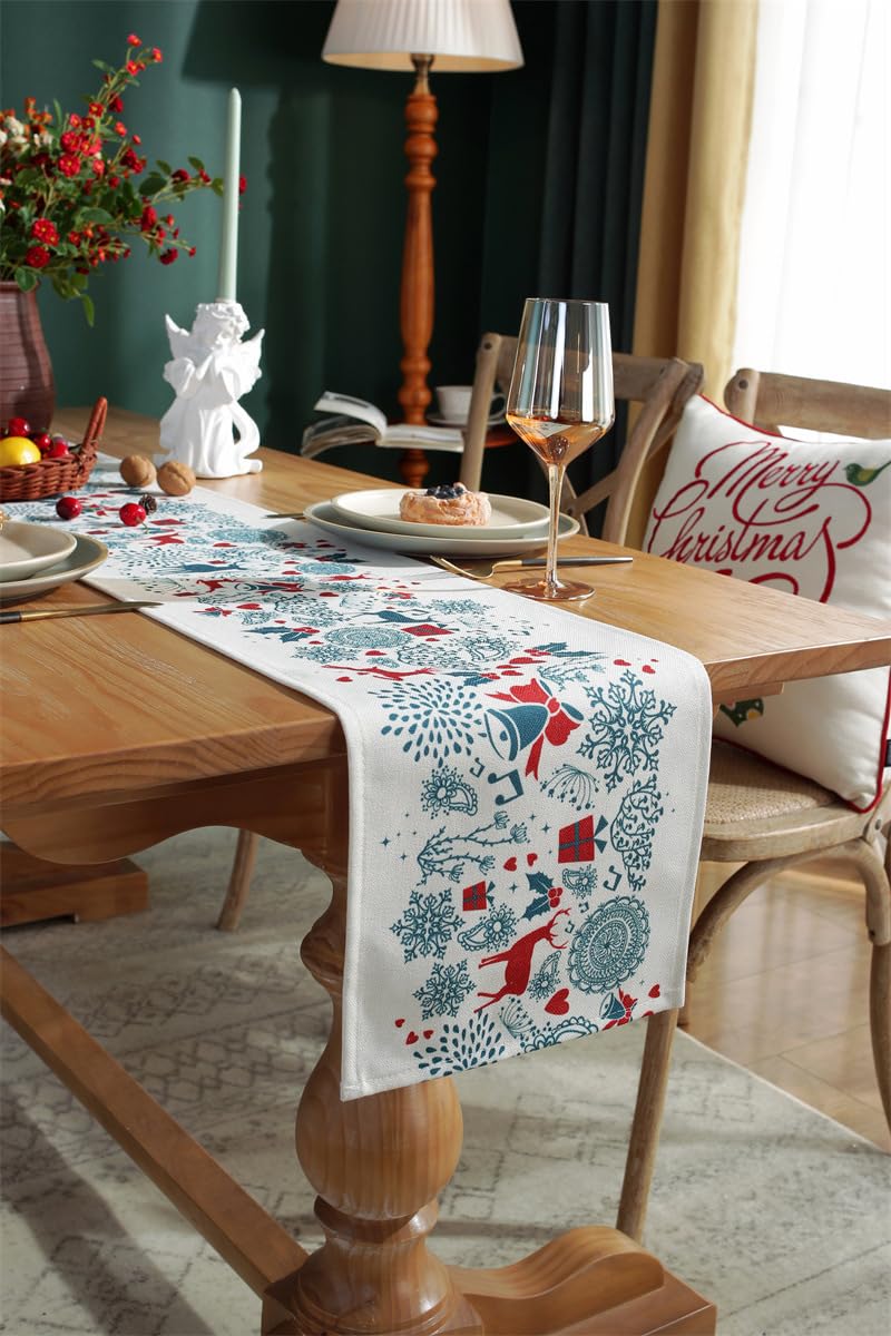 AueDsa Decorazione Natalizia Nordica 30x160CM,Runner Moderno Cotone di Lino Motivo Floreale Vintage con Nappa Rosso Blu Scuro