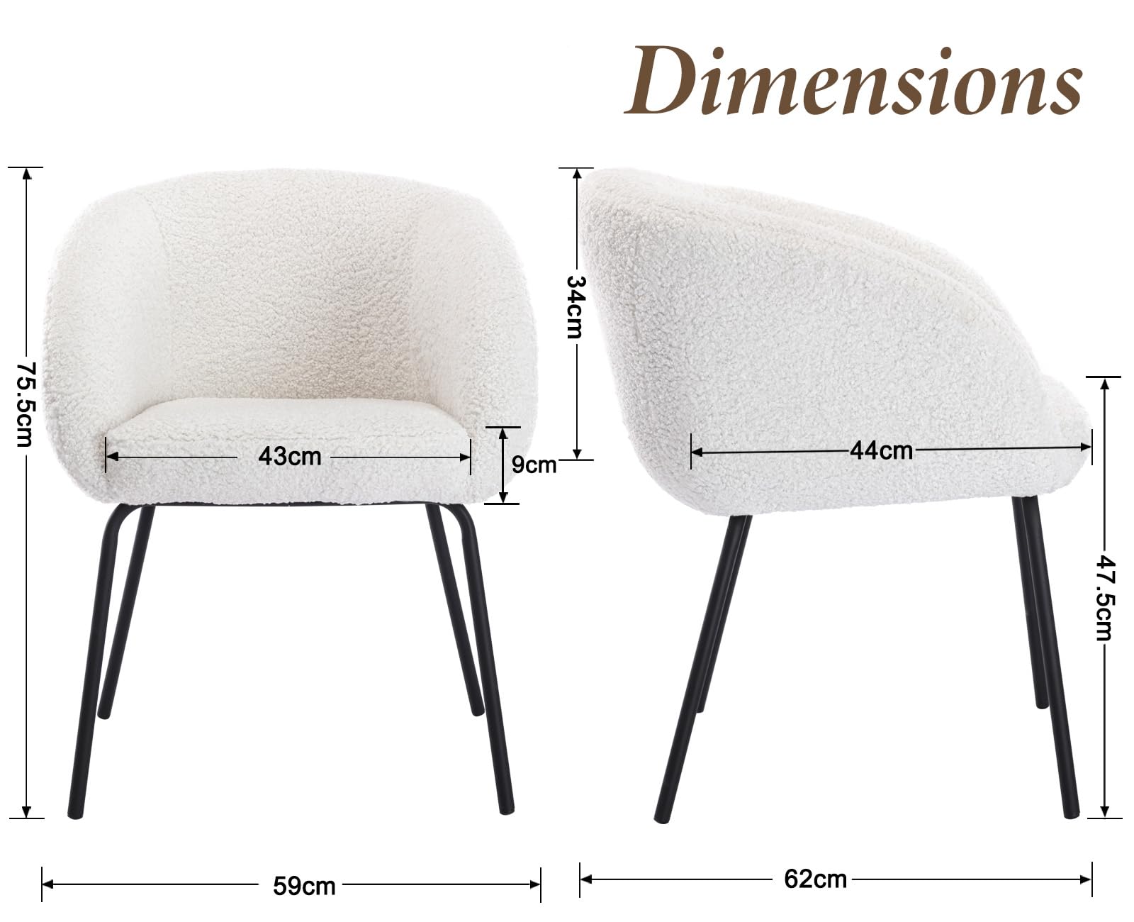 chairus Silla de Tocador con Respaldo Curvado Silla Tapizada de Lana Sintética, Sillón de Salón con Patas Negras Butaca Moderna para Tocador/Dormitorio, Blanco