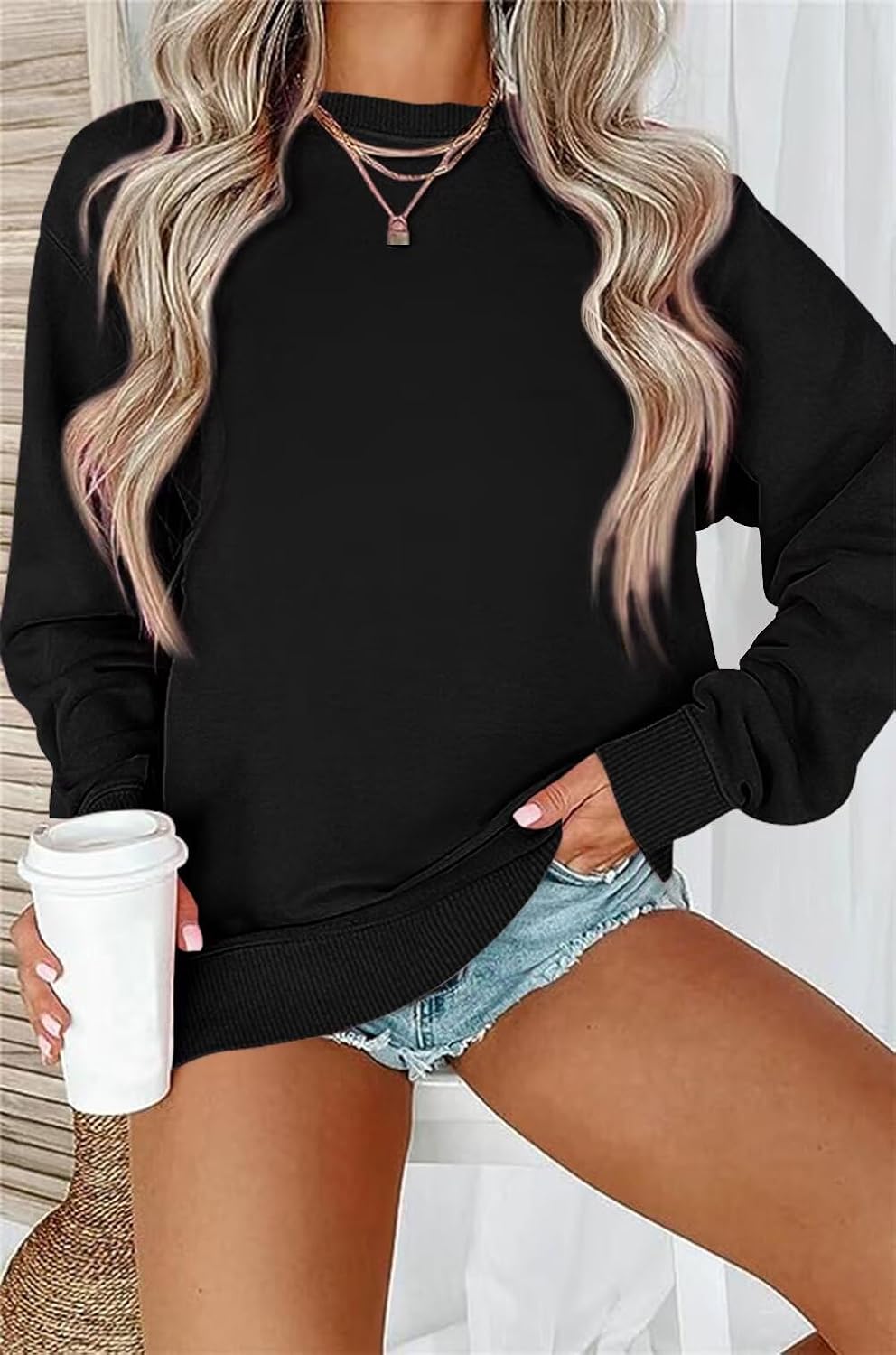 LEEDYA Women Long Sleeve Sweatshirts Crew Neck Casual Pullover Sweaters Loose Lightweight Solid Color Blouse Tops - Image 2