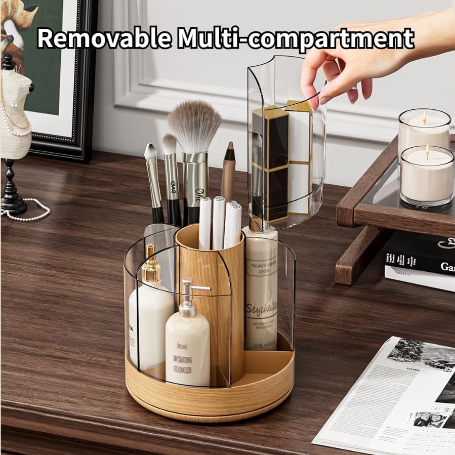 Miniatura 4 de Soporte para brochas de maquillaje giratorio de 360 con 6 ranuras de almacenamiento de múltiples compartimentos, organizador giratorio acrílico para