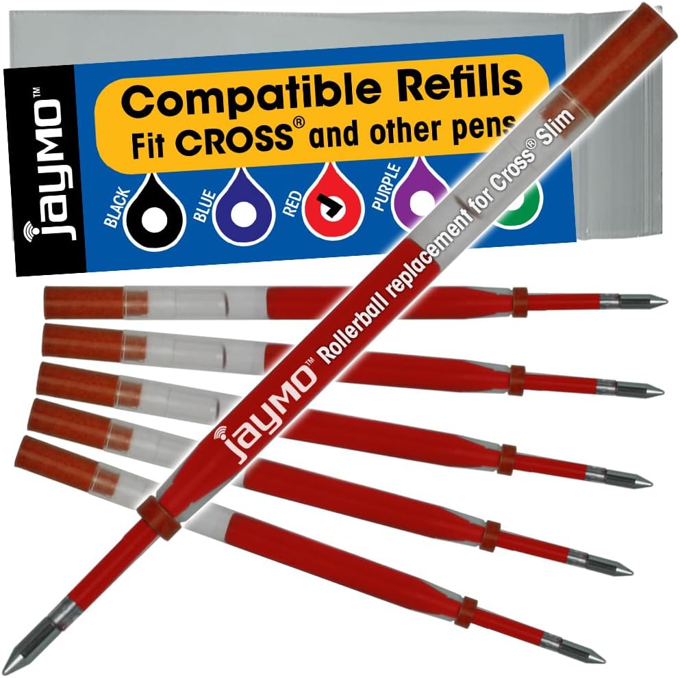 Jaymo Replacement for Cross Slim 8910 - Measures 4 in / 102 mm Long - Gel Rolling Ball Pen Refill - 6 Red
