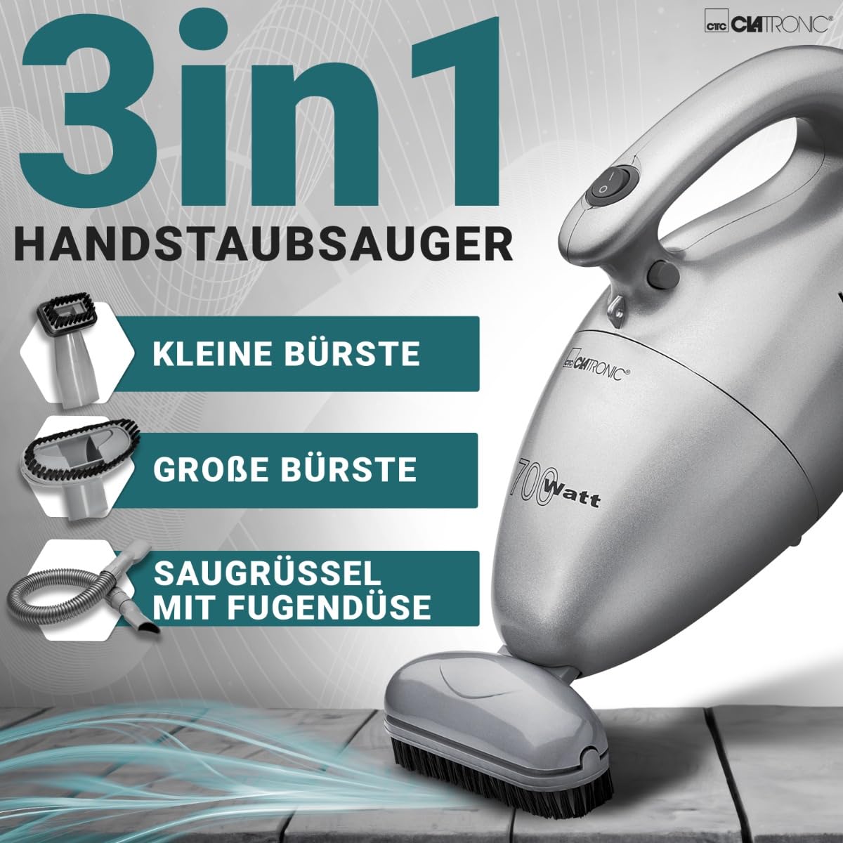 Clatronic Aspirateur à Main | Aspirateur pour aspirer Les Coussins, Les Voitures, Les Ordinateurs, etc. | Vacuum Cleaner avec 6m de câble & Filtre à poussière Permanent | Accessoires Inclus | HS 2631