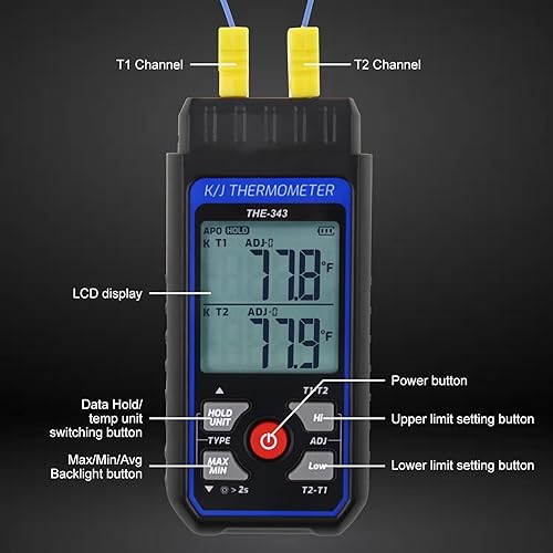 Miniatura 4 de Termómetro de termopar digital tipo KJ con termopar tipo 4 K, termómetro HVAC con alarma y compensación de adj, medidor de temperatura -328F  2501F