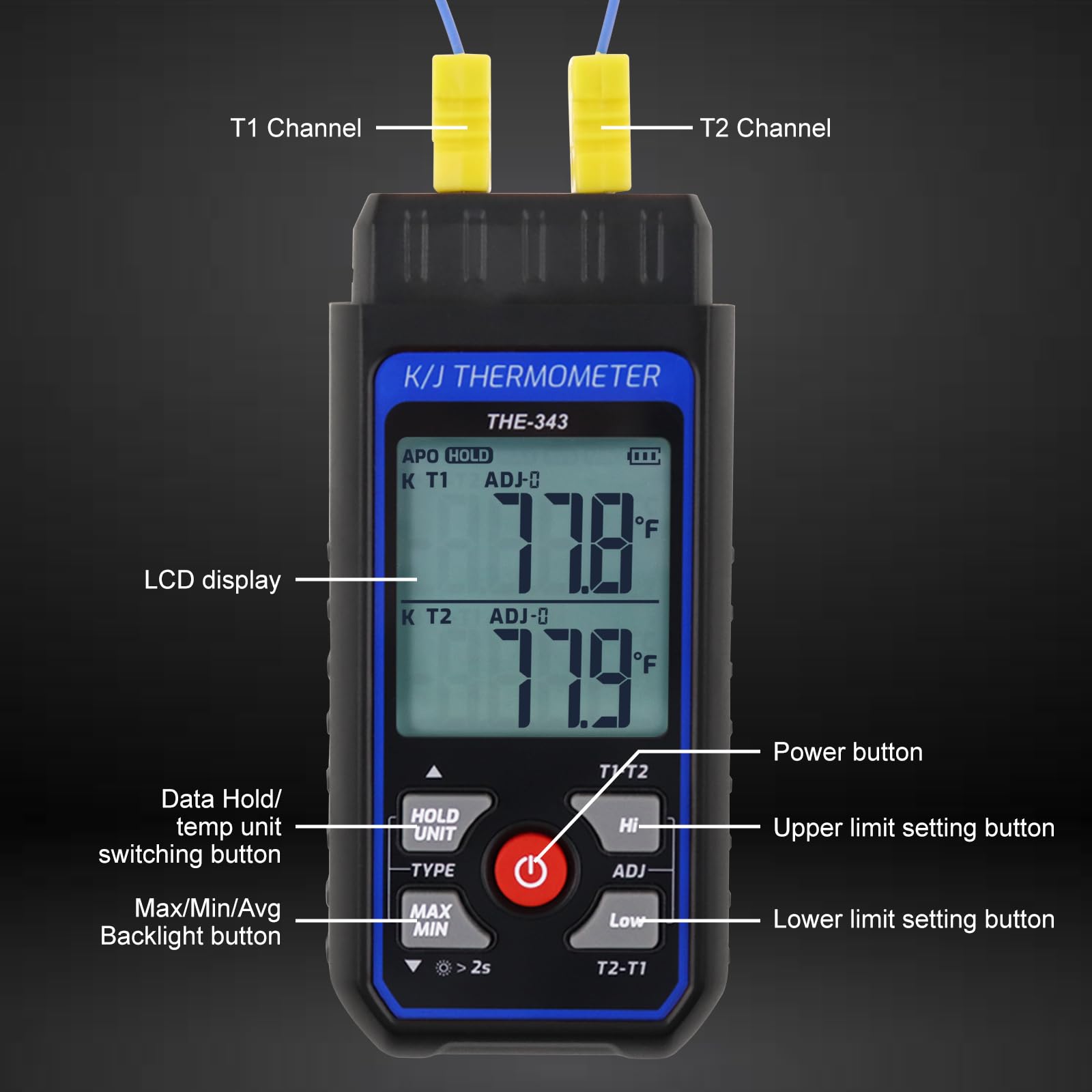 Termómetro Digital con Termopar, Medidor de Temperatura HVAC con 2 Pinzas de Temperatura y 2 Sondas de Termopar con Cable, Doble Canal con Alarma y Compensación ADJ (-328~2500 ℉)