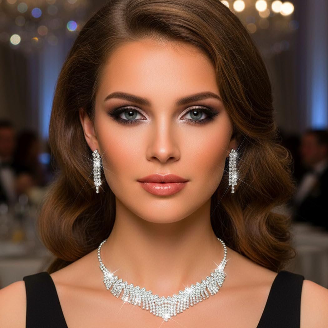 Aukmla Rhinestones Bridal Jewelry Set Silver Sparkly Bride Wedding Necklace Earring Sets Prom Necklaces for Women - Image 7