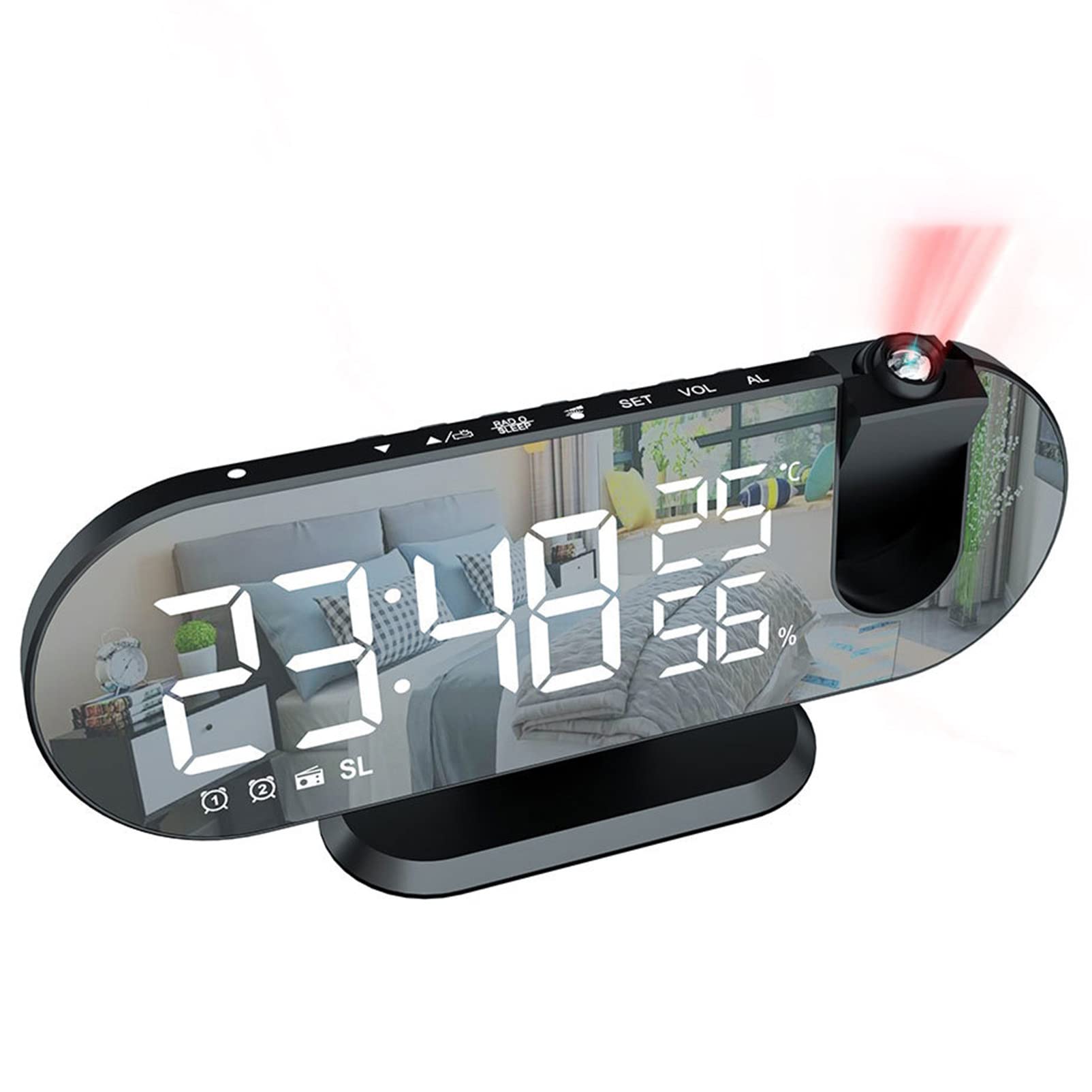 Réveil Projecteur avec Radio FM, Reveil Projecteur Plafond, Réveil avec Projection 180° avec Port USB,White