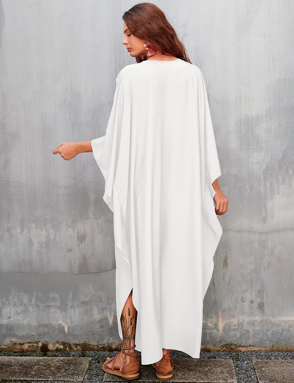 Bsubseach Donna Tinta Unita Coprente con Scollo A V Manica A Pipistrello Plus Size Beach Kaftan Abiti